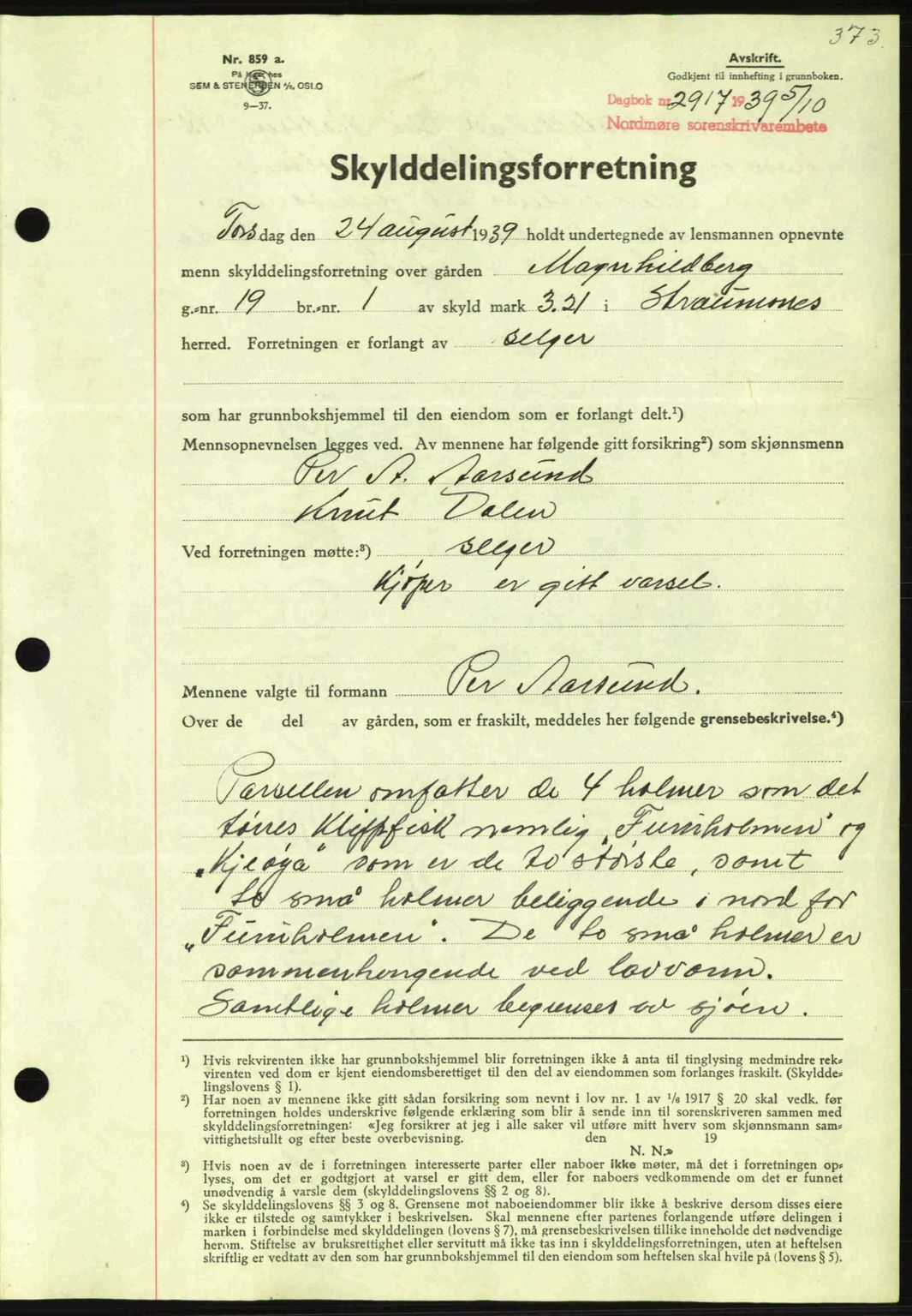 Nordmøre sorenskriveri, AV/SAT-A-4132/1/2/2Ca: Mortgage book no. A87, 1939-1940, Diary no: : 2917/1939