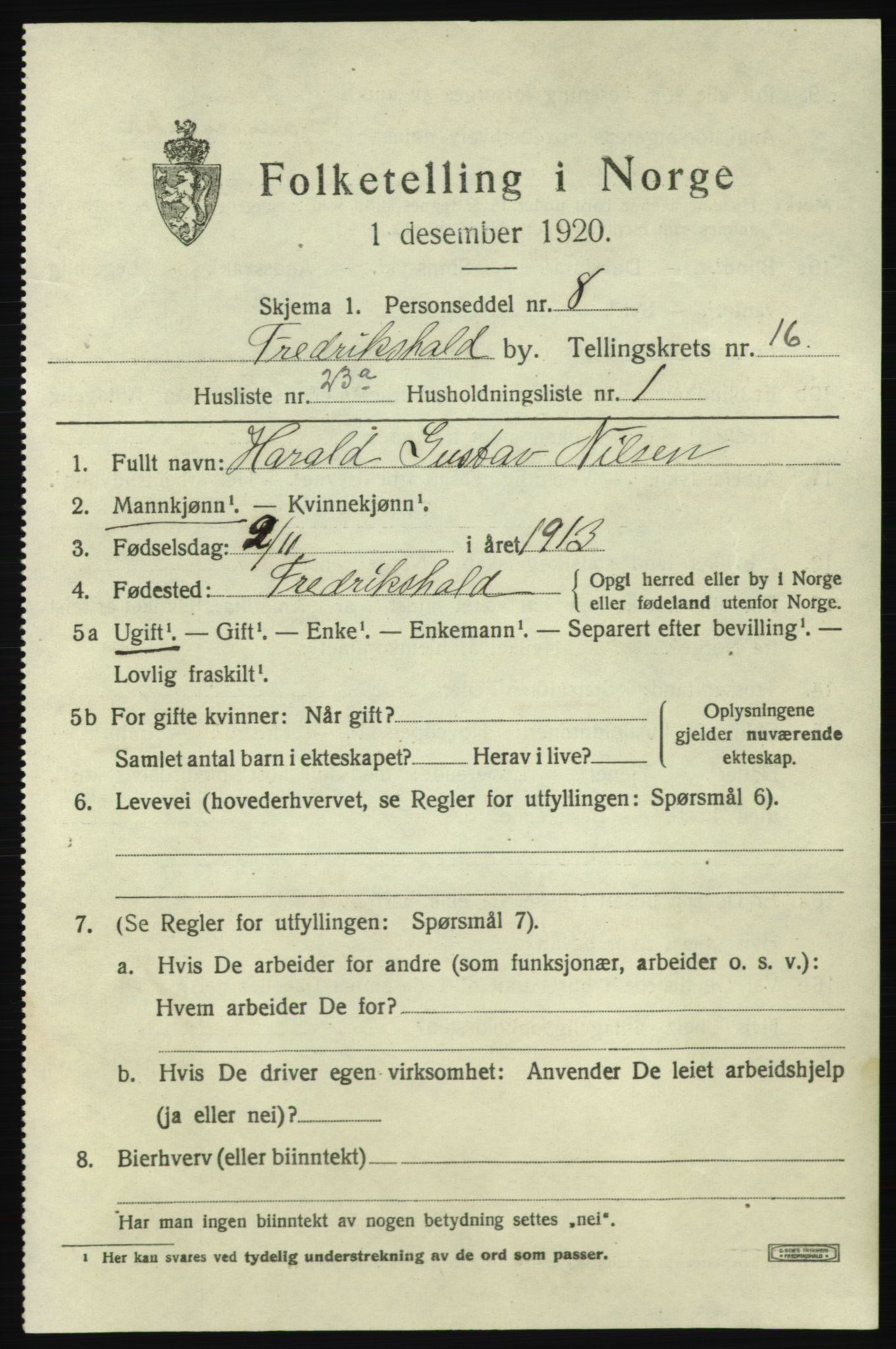 SAO, 1920 census for Fredrikshald, 1920, p. 25573