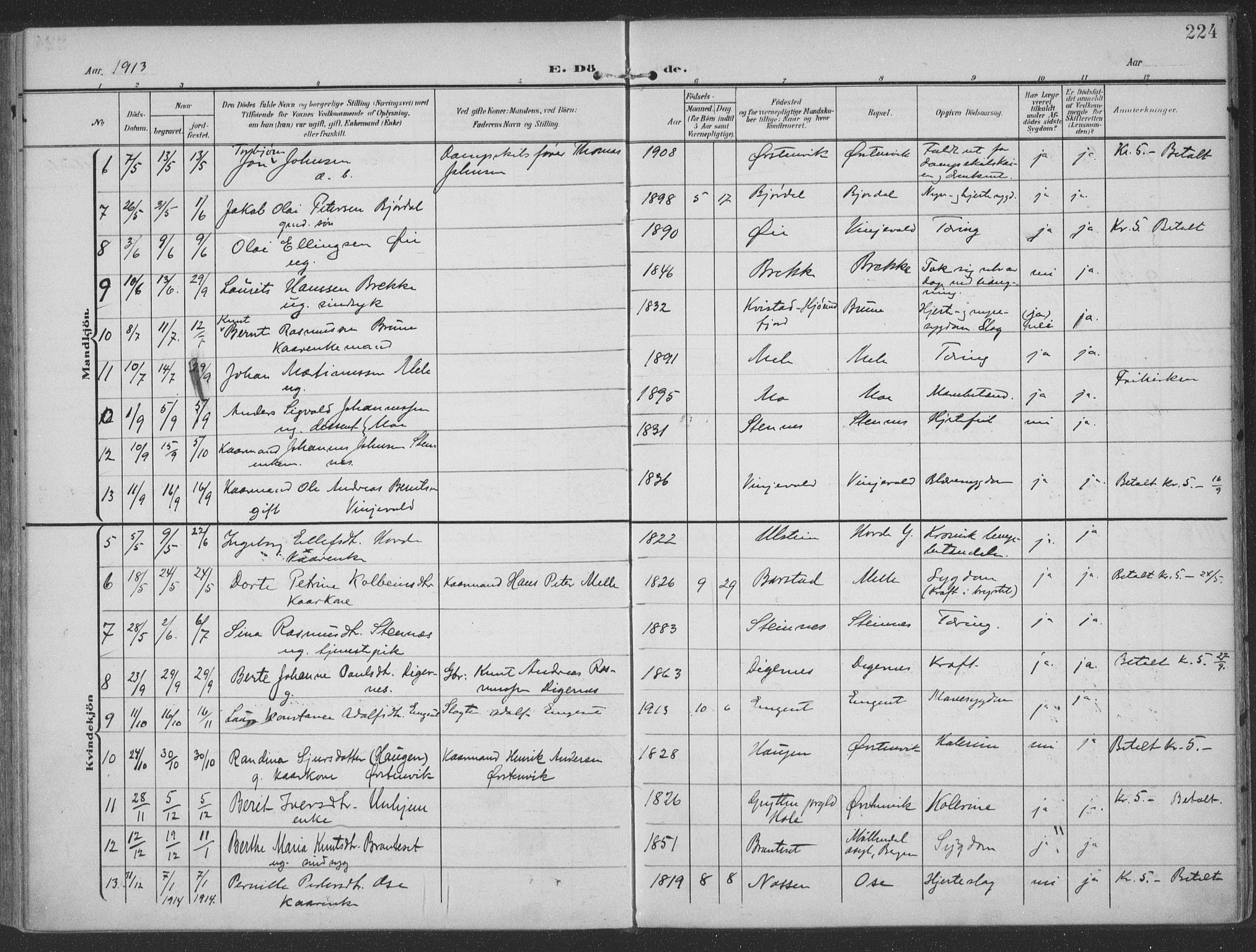 Ministerialprotokoller, klokkerbøker og fødselsregistre - Møre og Romsdal, SAT/A-1454/513/L0178: Parish register (official) no. 513A05, 1906-1919, p. 224