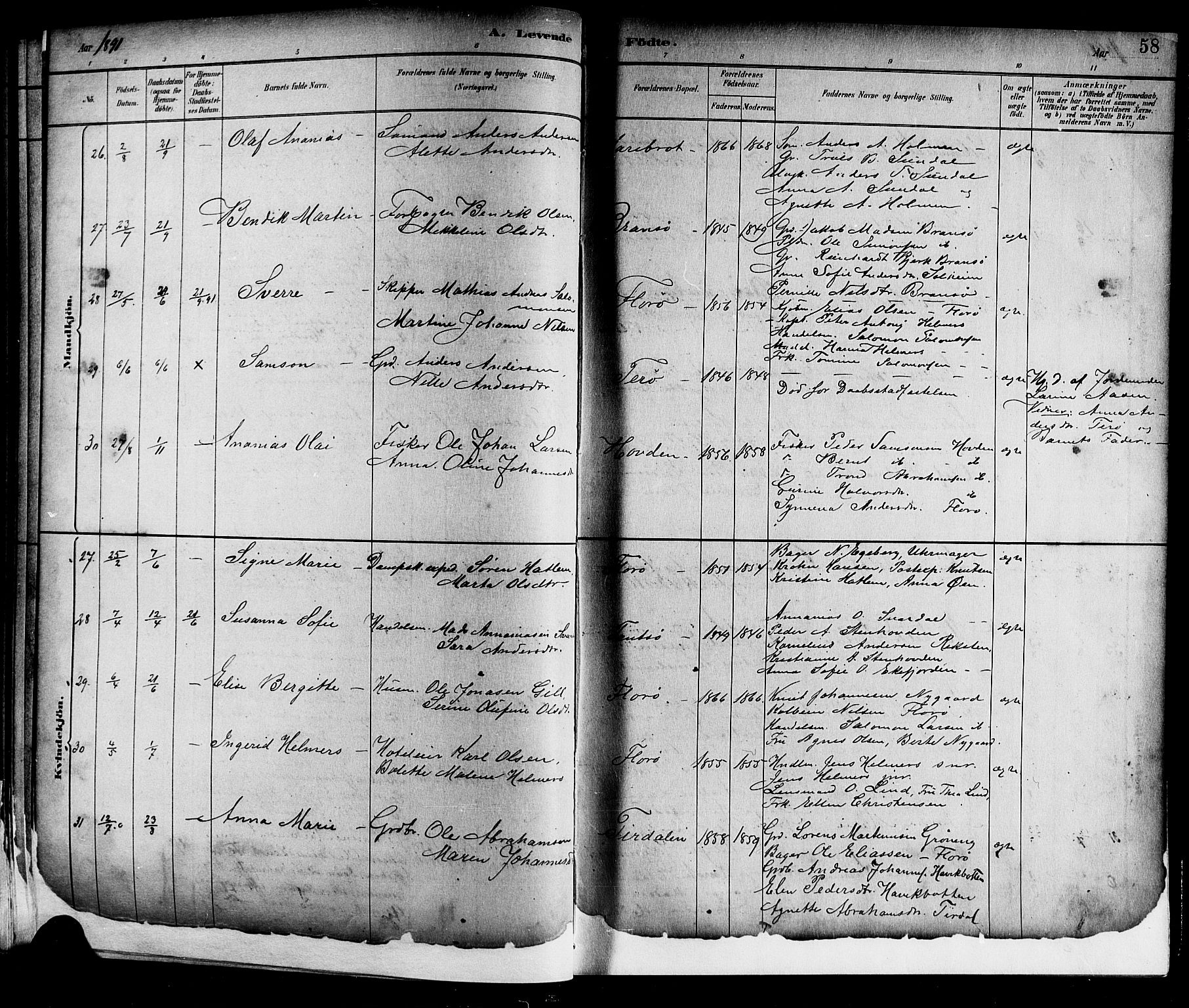 Kinn sokneprestembete, SAB/A-80801/H/Hab/Haba/L0002: Parish register (copy) no. A 2, 1882-1906, p. 58