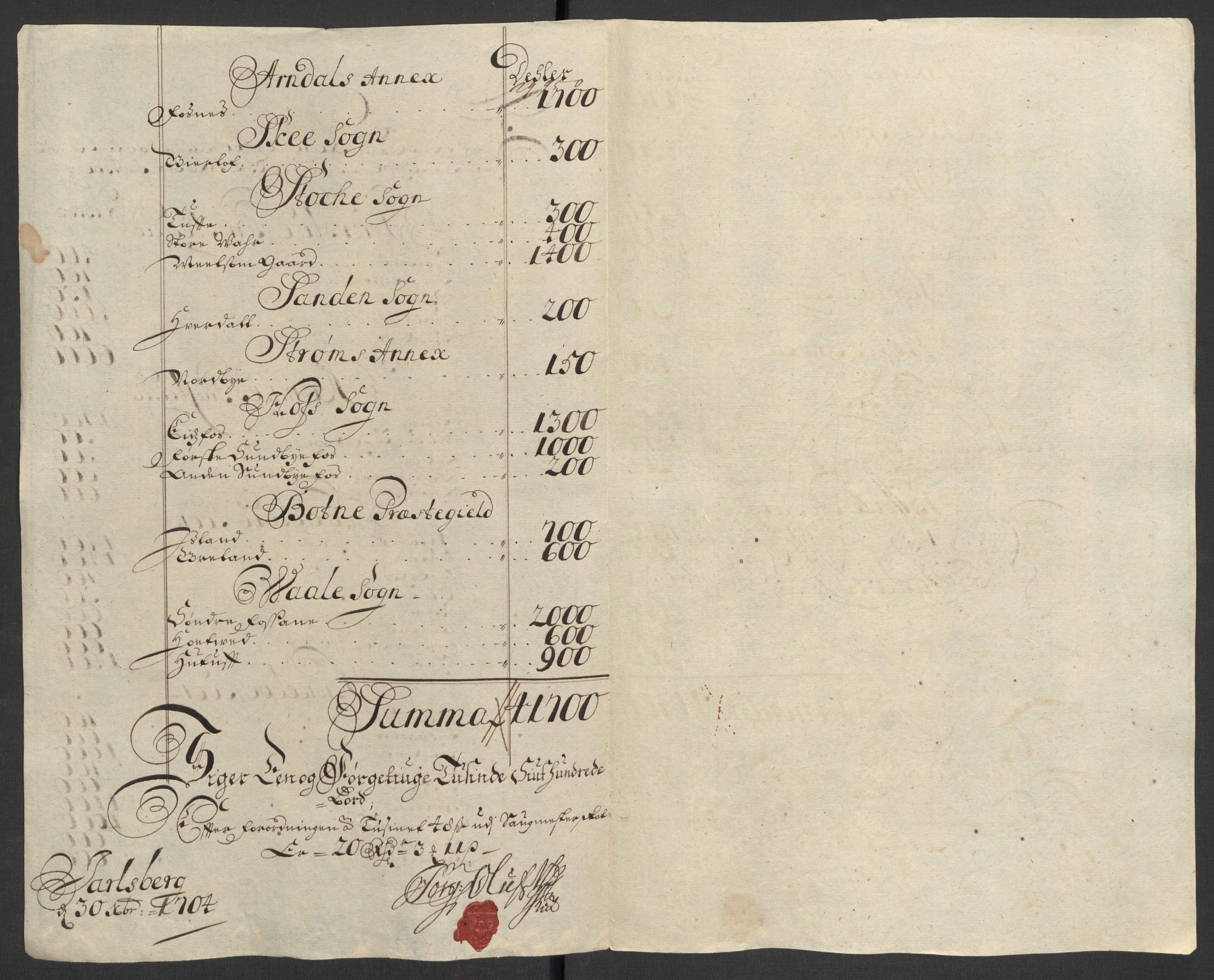 Rentekammeret inntil 1814, Reviderte regnskaper, Fogderegnskap, RA/EA-4092/R32/L1871: Fogderegnskap Jarlsberg grevskap, 1703-1705, p. 226