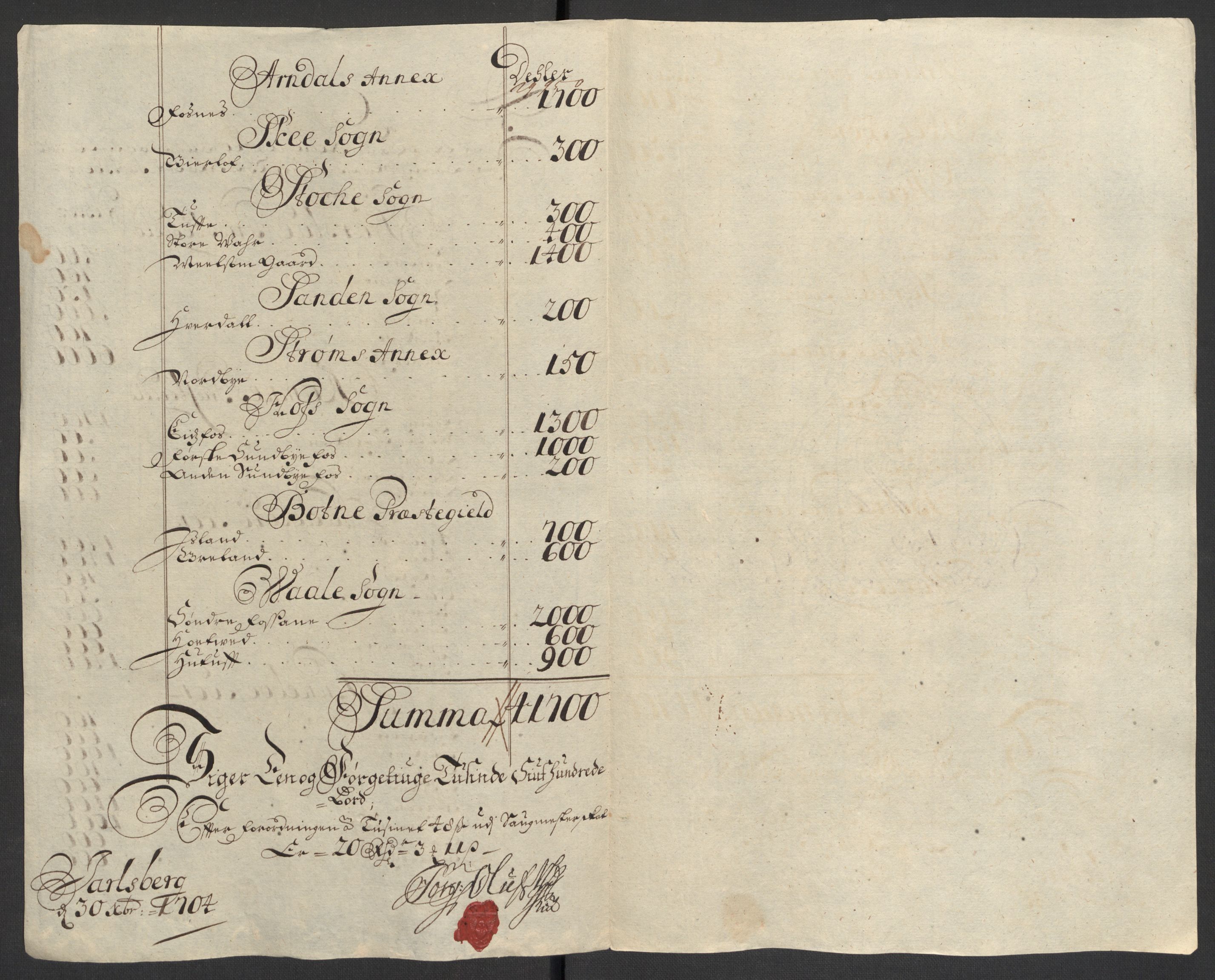Rentekammeret inntil 1814, Reviderte regnskaper, Fogderegnskap, AV/RA-EA-4092/R32/L1871: Fogderegnskap Jarlsberg grevskap, 1703-1705, p. 226