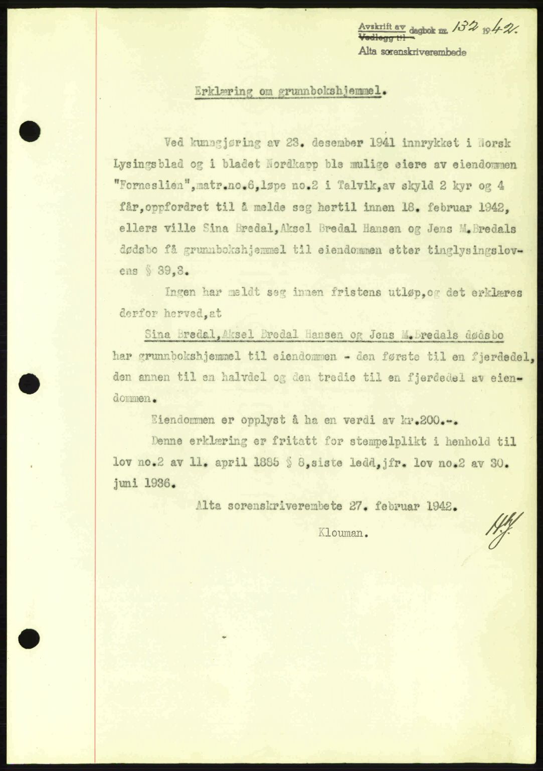 Alta fogderi/sorenskriveri, SATØ/SATØ-5/1/K/Kd/L0033pantebok: Mortgage book no. 33, 1940-1943, Diary no: : 132/1942