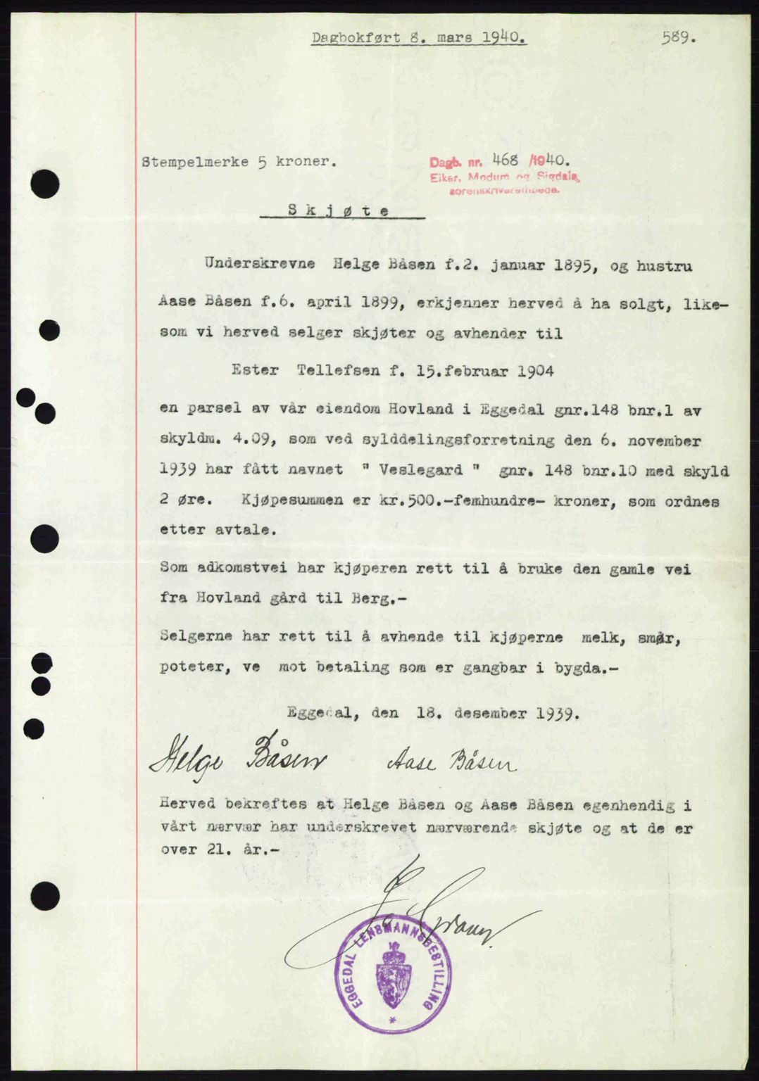 Eiker, Modum og Sigdal sorenskriveri, SAKO/A-123/G/Ga/Gab/L0041: Mortgage book no. A11, 1939-1940, Diary no: : 468/1940