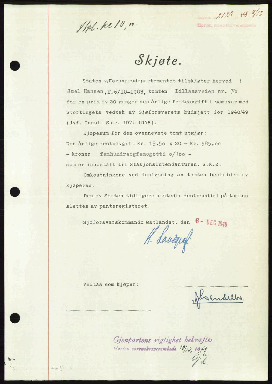 Horten sorenskriveri, AV/SAKO-A-133/G/Ga/Gaa/L0011: Mortgage book no. A-11, 1948-1948, Diary no: : 2123/1948