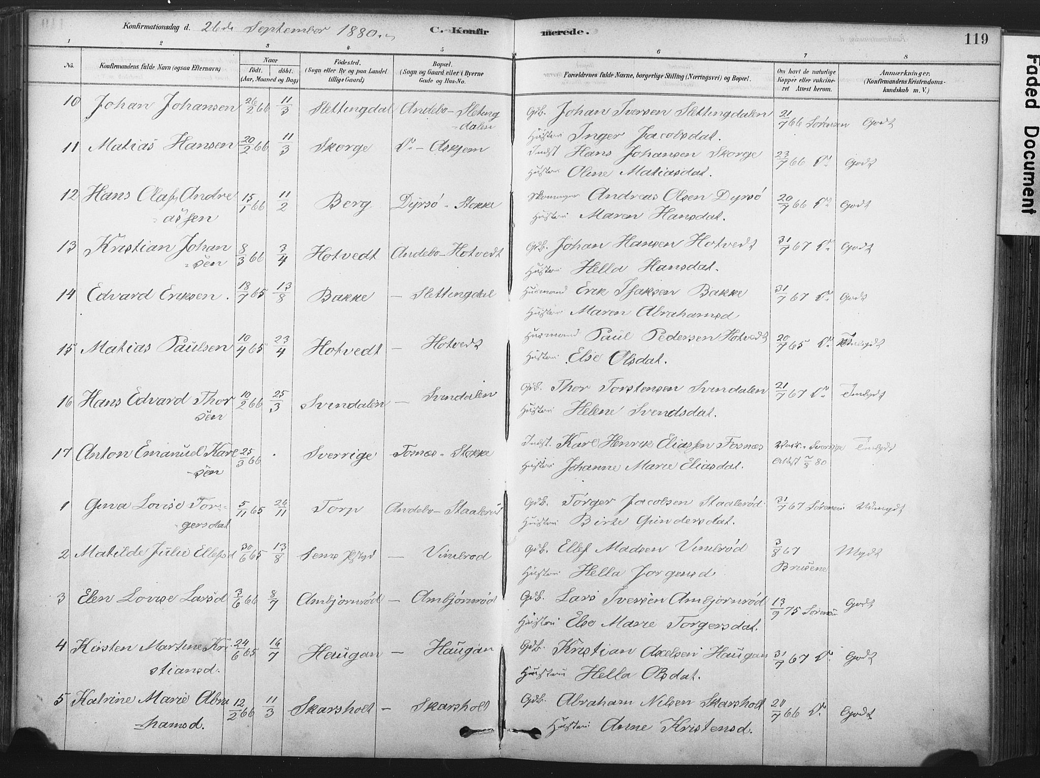 Andebu kirkebøker, AV/SAKO-A-336/F/Fa/L0007: Parish register (official) no. 7, 1878-1899, p. 119