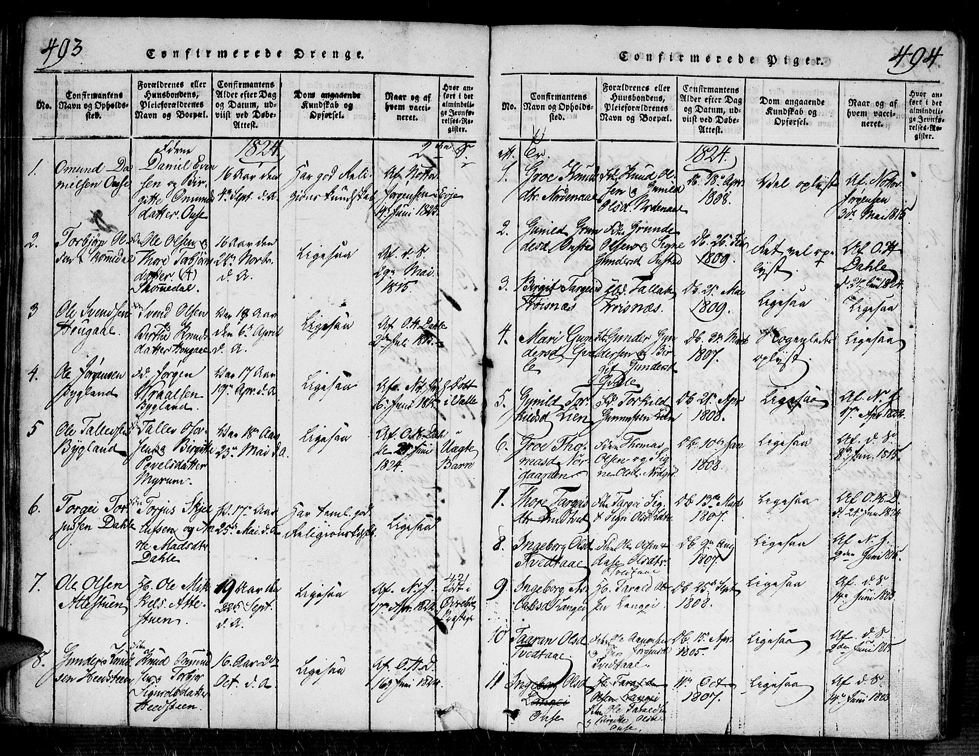 Bygland sokneprestkontor, SAK/1111-0006/F/Fa/Fab/L0003: Parish register (official) no. A 3, 1816-1841, p. 493-494