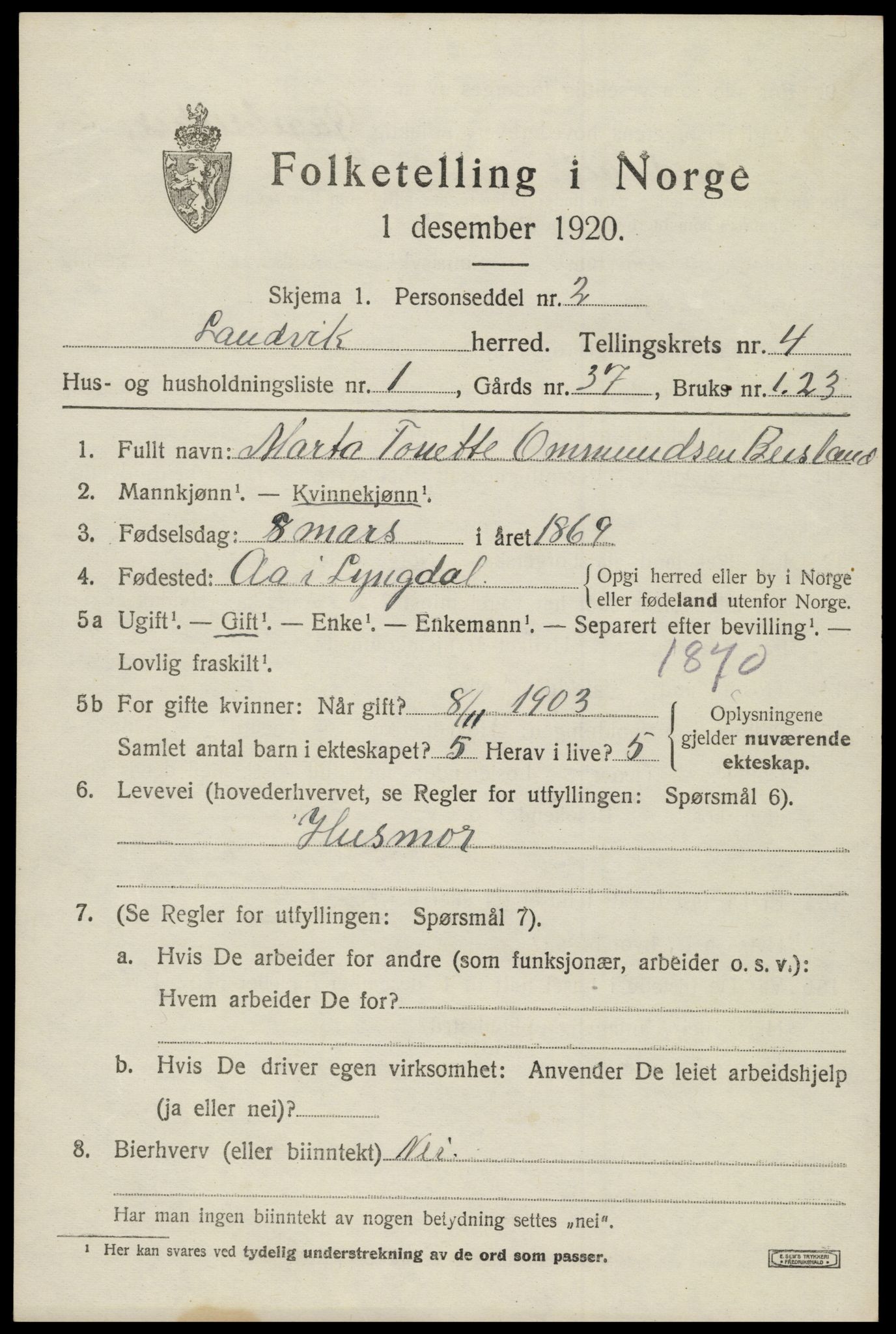 SAK, 1920 census for Landvik, 1920, p. 3662