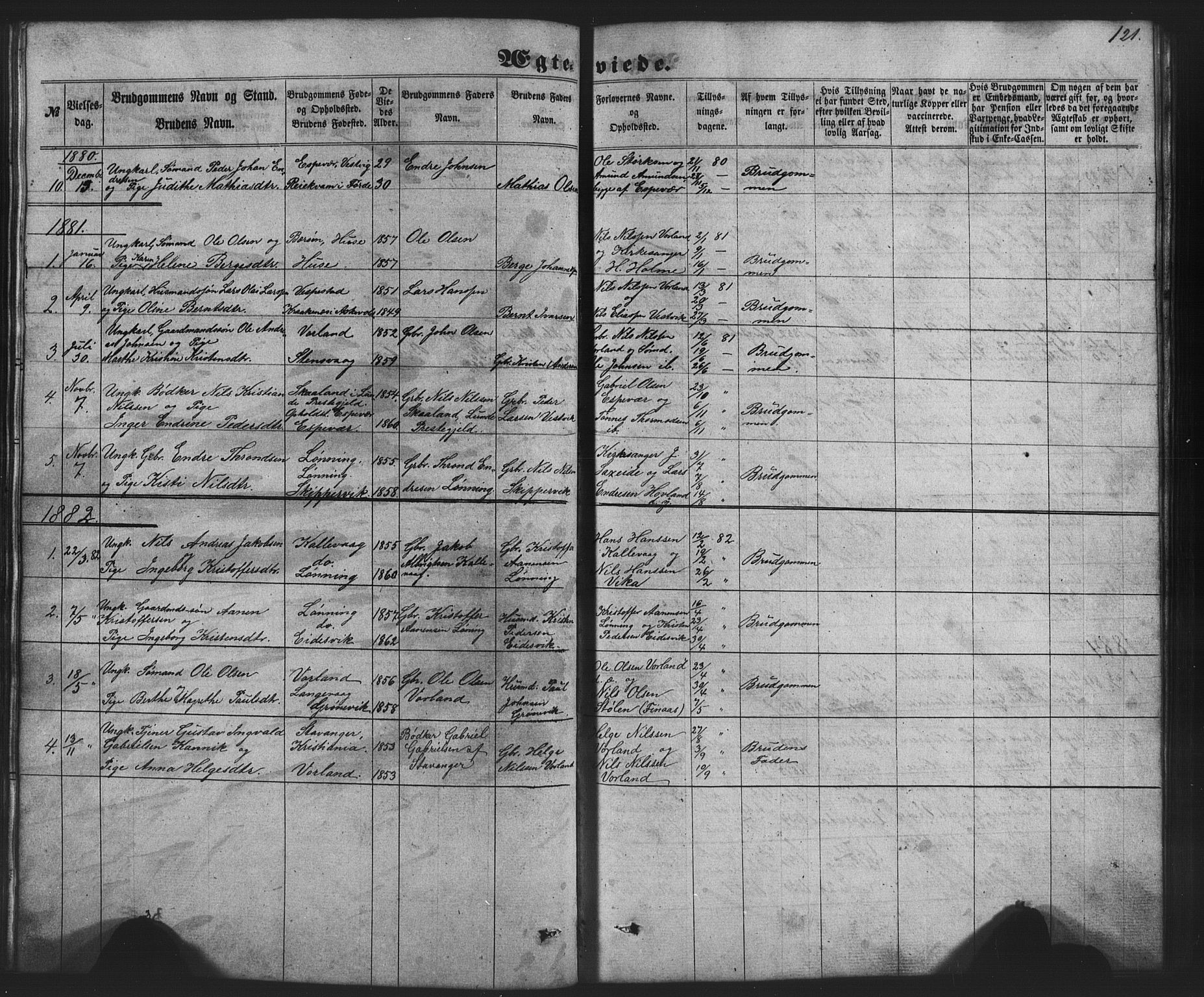 Finnås sokneprestembete, SAB/A-99925/H/Ha/Hab/Habc/L0001: Parish register (copy) no. C 1, 1860-1887, p. 121