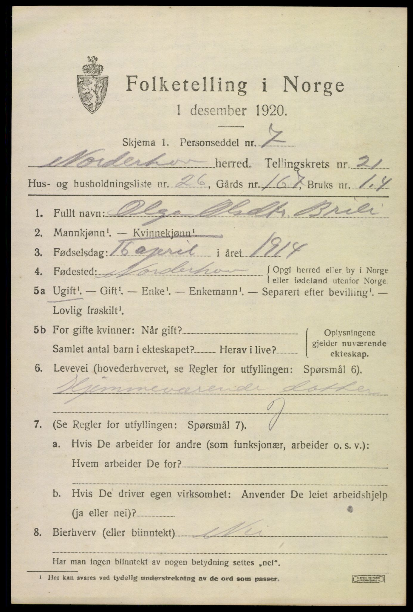 SAKO, 1920 census for Norderhov, 1920, p. 22208