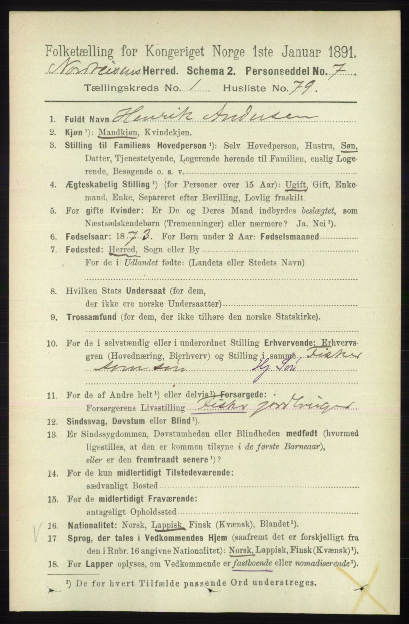 RA, 1891 census for 1942 Nordreisa, 1891, p. 607