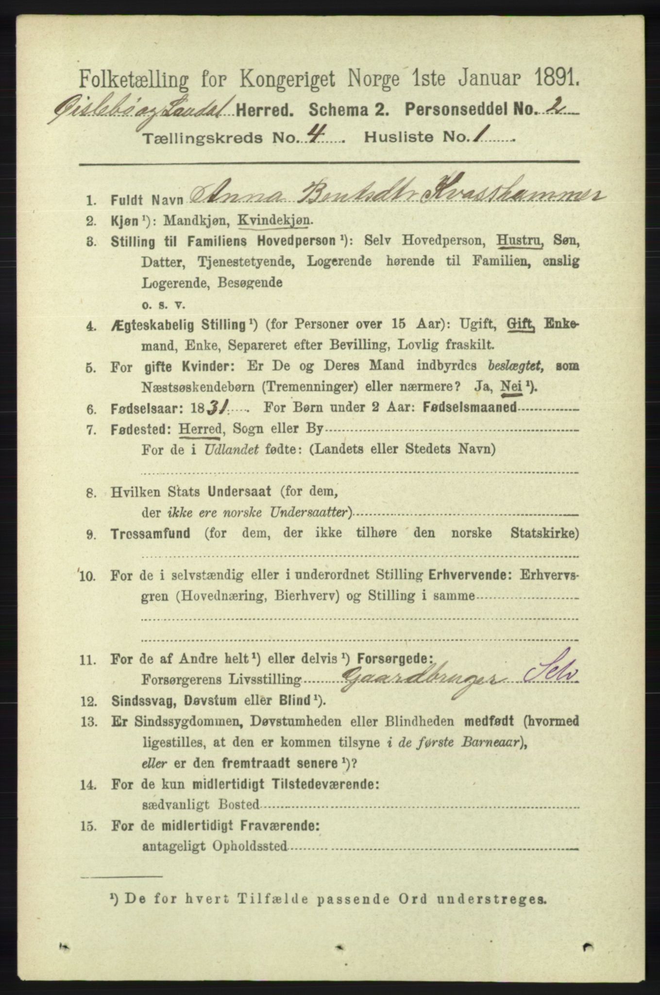 RA, 1891 census for 1021 Øyslebø og Laudal, 1891, p. 1008