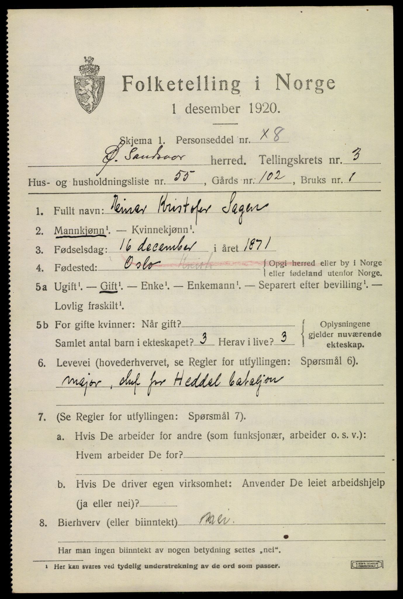 SAKO, 1920 census for Øvre Sandsvær, 1920, p. 2532