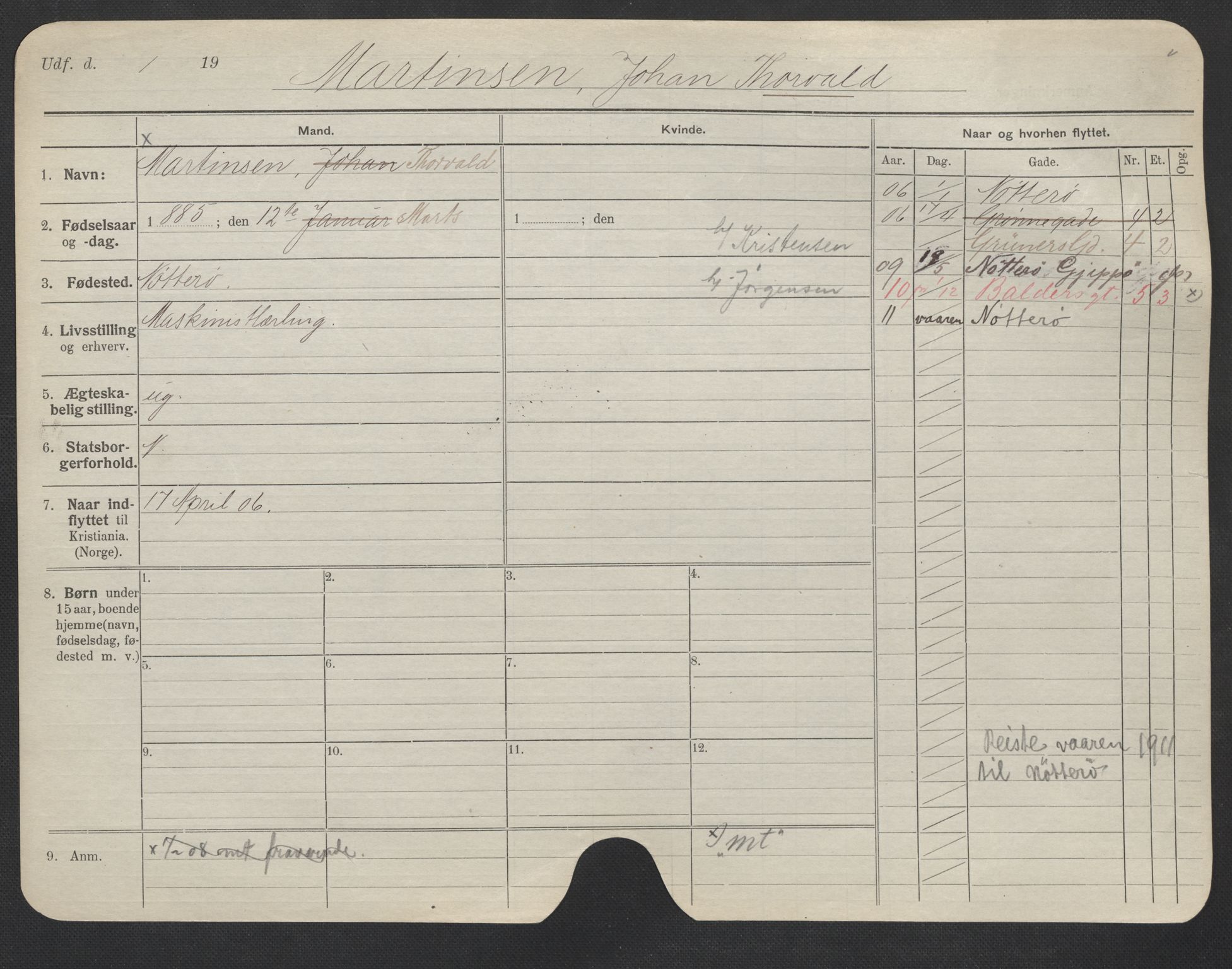 Oslo folkeregister, Registerkort, AV/SAO-A-11715/F/Fa/Fac/L0007: Menn, 1906-1914, p. 612a