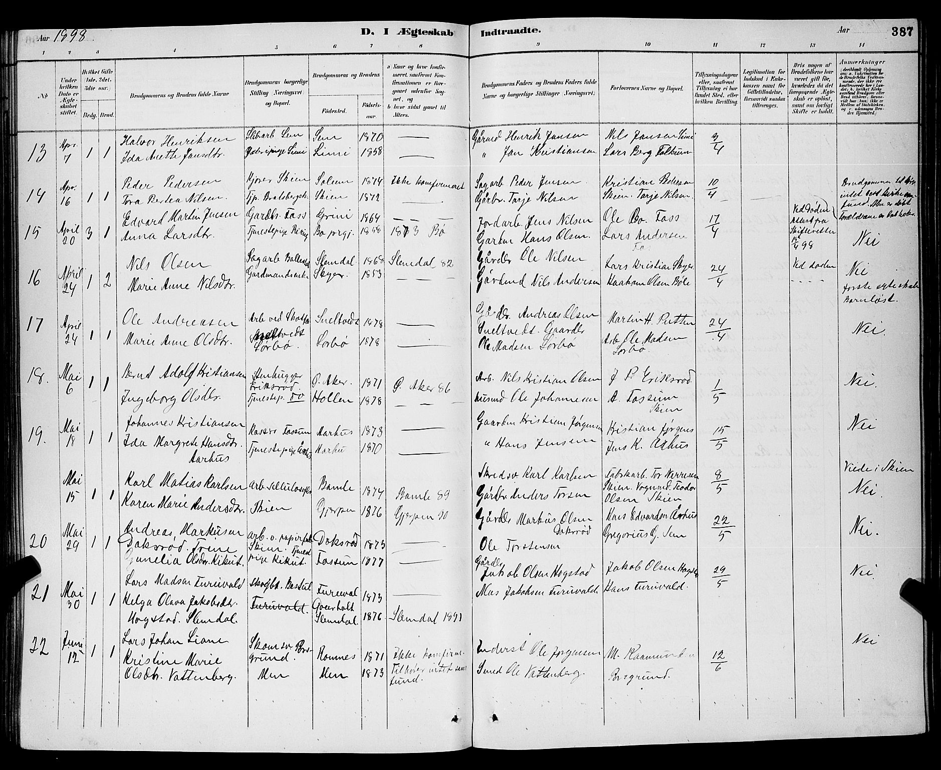 Gjerpen kirkebøker, SAKO/A-265/G/Ga/L0002: Parish register (copy) no. I 2, 1883-1900, p. 387