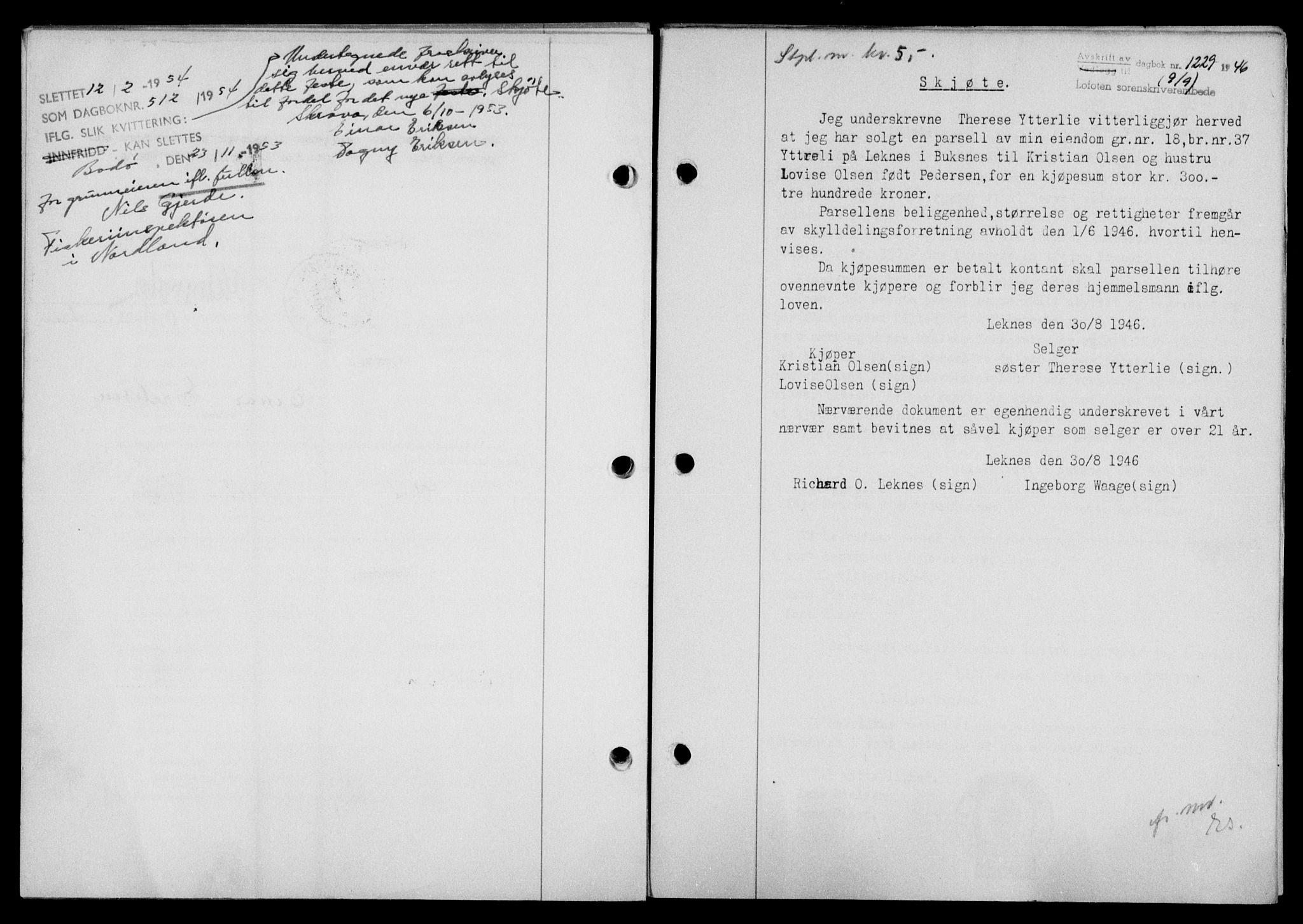 Lofoten sorenskriveri, SAT/A-0017/1/2/2C/L0014a: Mortgage book no. 14a, 1946-1946, Diary no: : 1229/1946