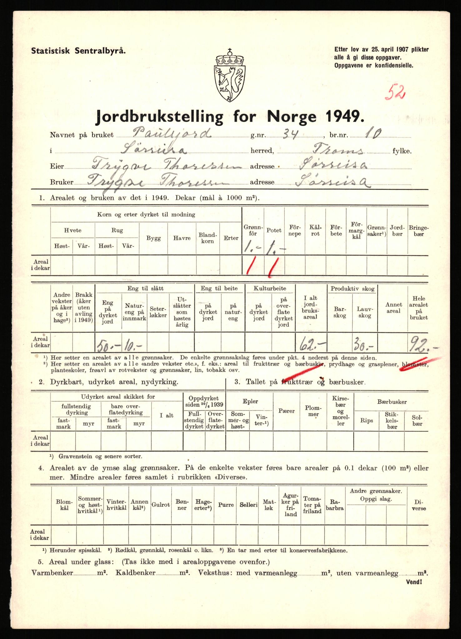 Statistisk sentralbyrå, Næringsøkonomiske emner, Jordbruk, skogbruk, jakt, fiske og fangst, AV/RA-S-2234/G/Gc/L0440: Troms: Sørreisa og Dyrøy, 1949, p. 792