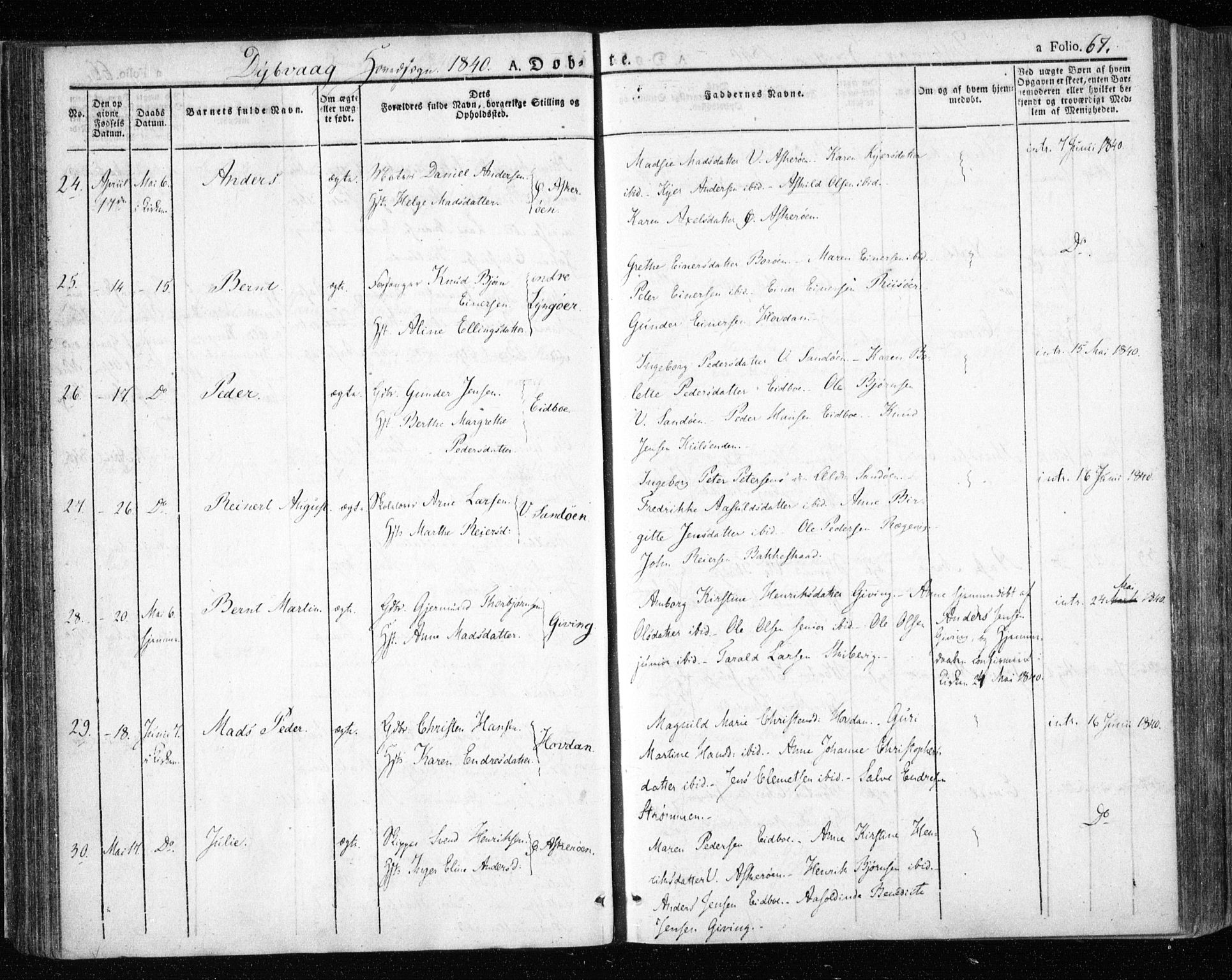 Dypvåg sokneprestkontor, AV/SAK-1111-0007/F/Fa/Faa/L0004: Parish register (official) no. A 4, 1824-1840, p. 67