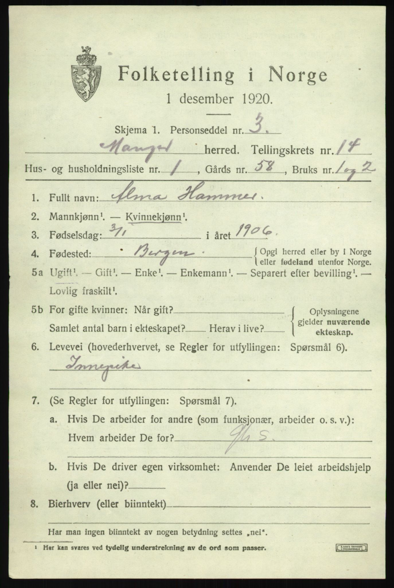 SAB, 1920 census for Manger, 1920, p. 8266