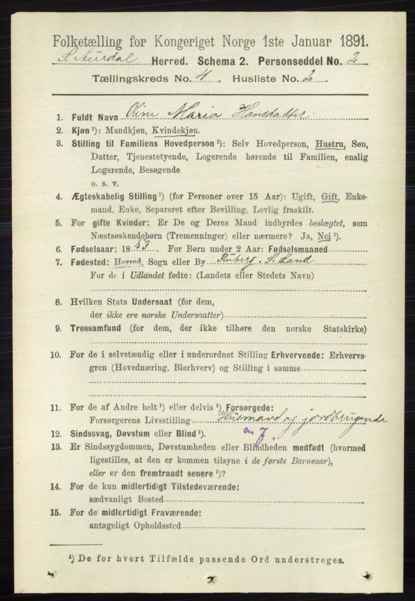 RA, 1891 census for 0540 Sør-Aurdal, 1891, p. 2403