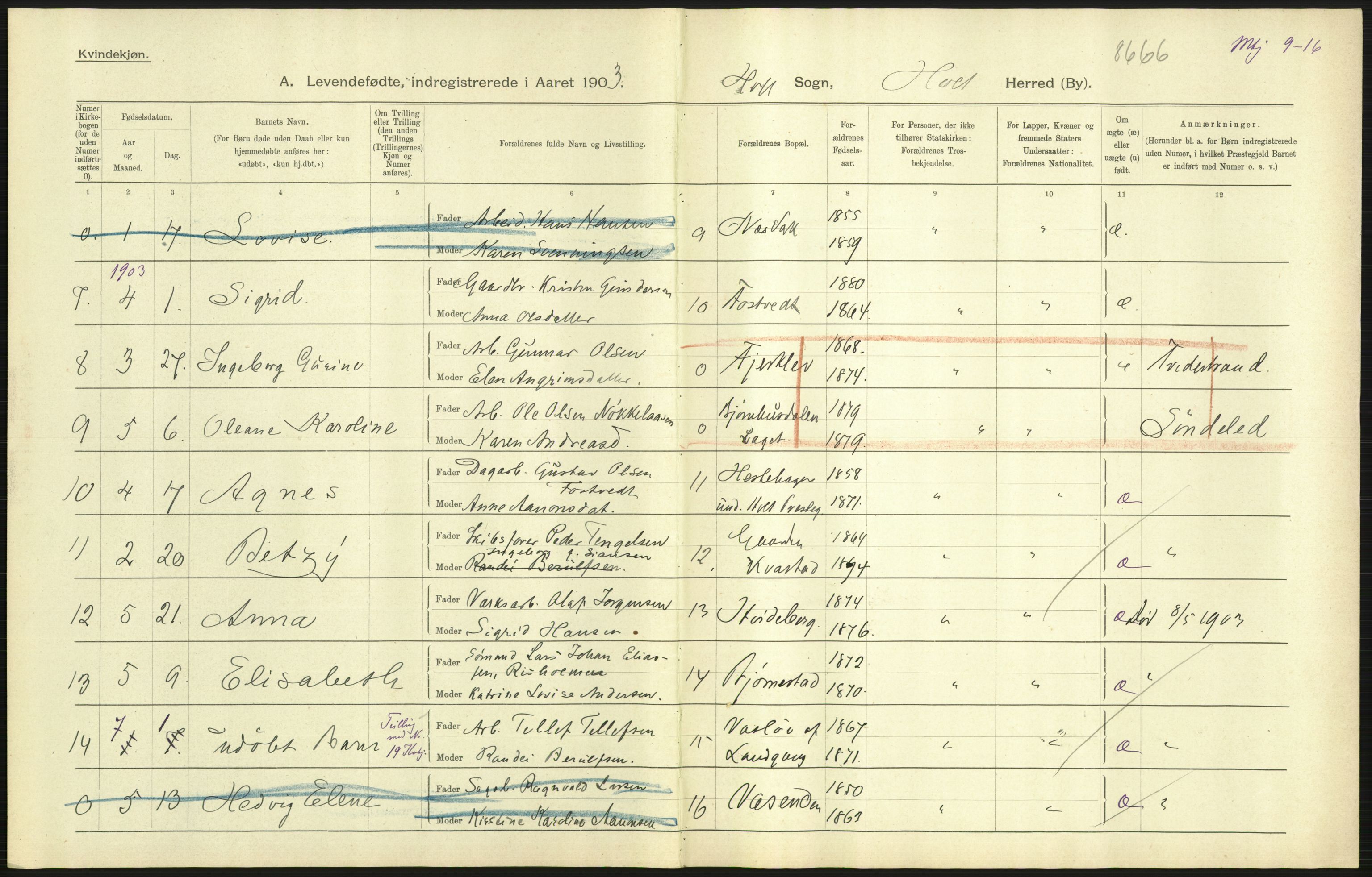 Statistisk sentralbyrå, Sosiodemografiske emner, Befolkning, AV/RA-S-2228/D/Df/Dfa/Dfaa/L0010: Nedenes amt: Fødte, gifte, døde, 1903, p. 65