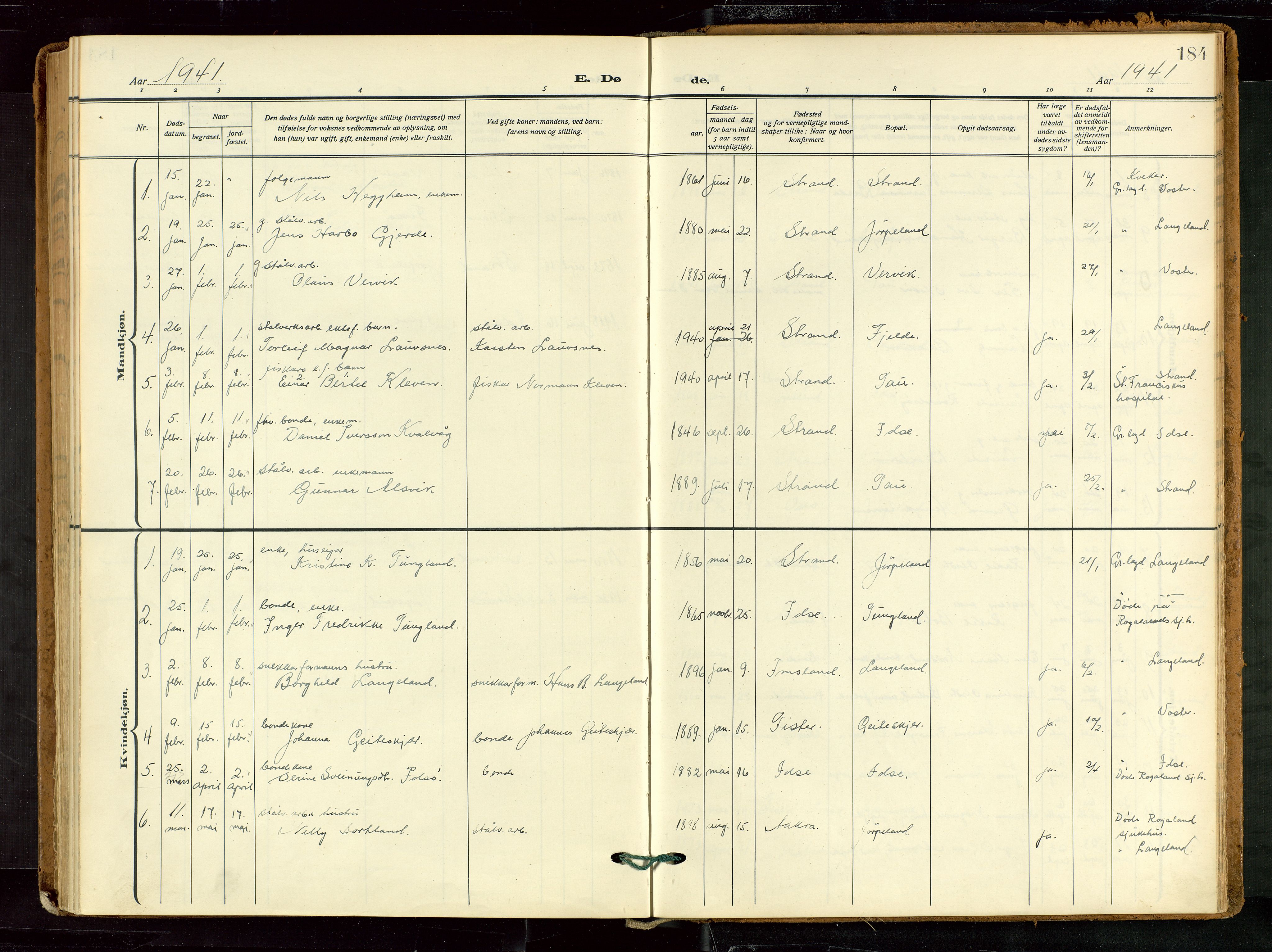 Strand sokneprestkontor, SAST/A-101828/H/Ha/Haa/L0012: Parish register (official) no. A 12, 1927-1946, p. 184