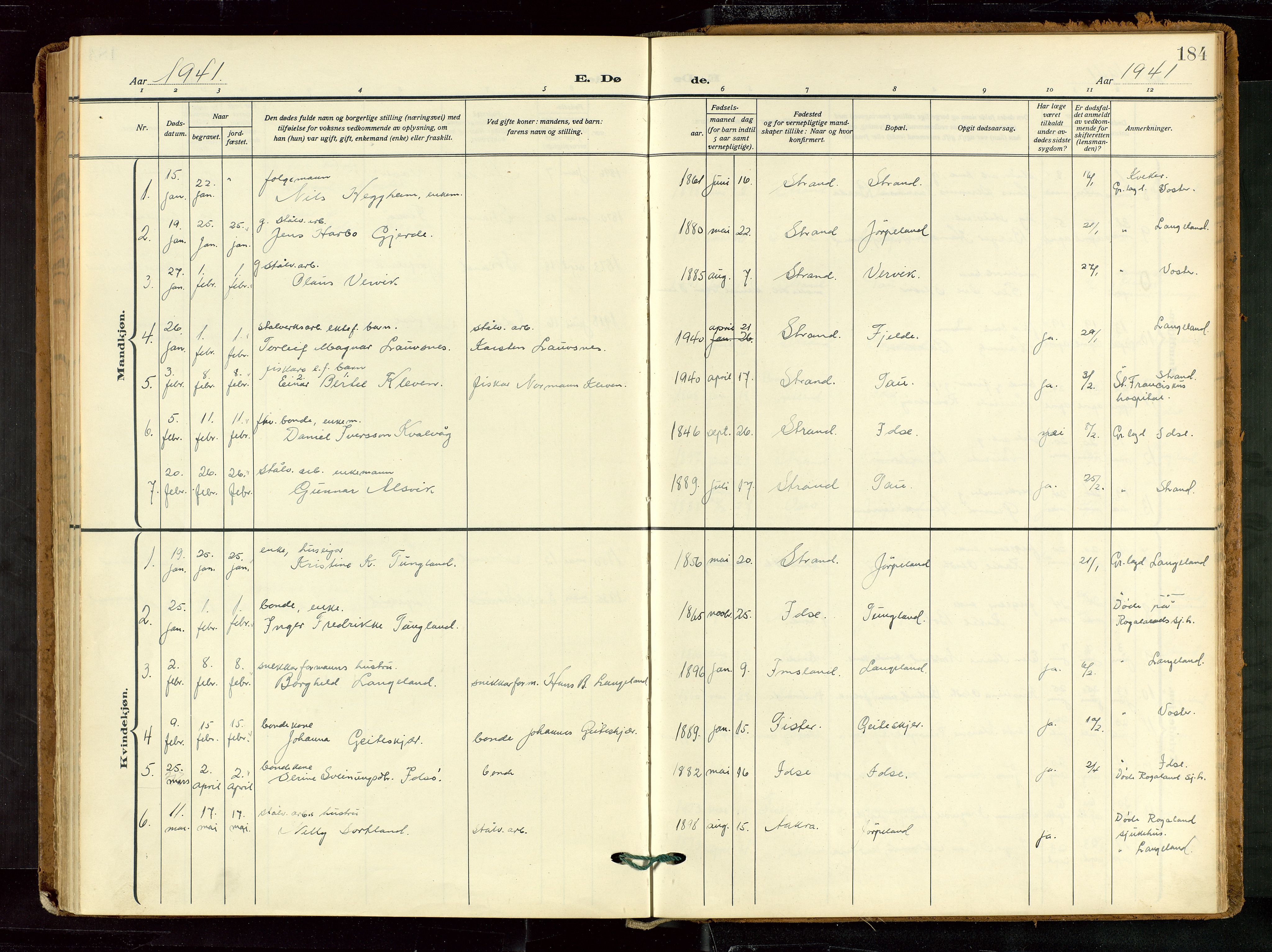 Strand sokneprestkontor, AV/SAST-A-101828/H/Ha/Haa/L0012: Parish register (official) no. A 12, 1927-1946, p. 184