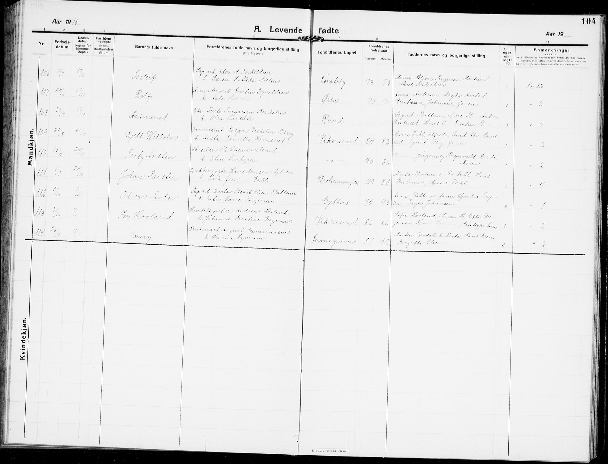 Modum kirkebøker, AV/SAKO-A-234/G/Ga/L0009: Parish register (copy) no. I 9, 1909-1923, p. 104