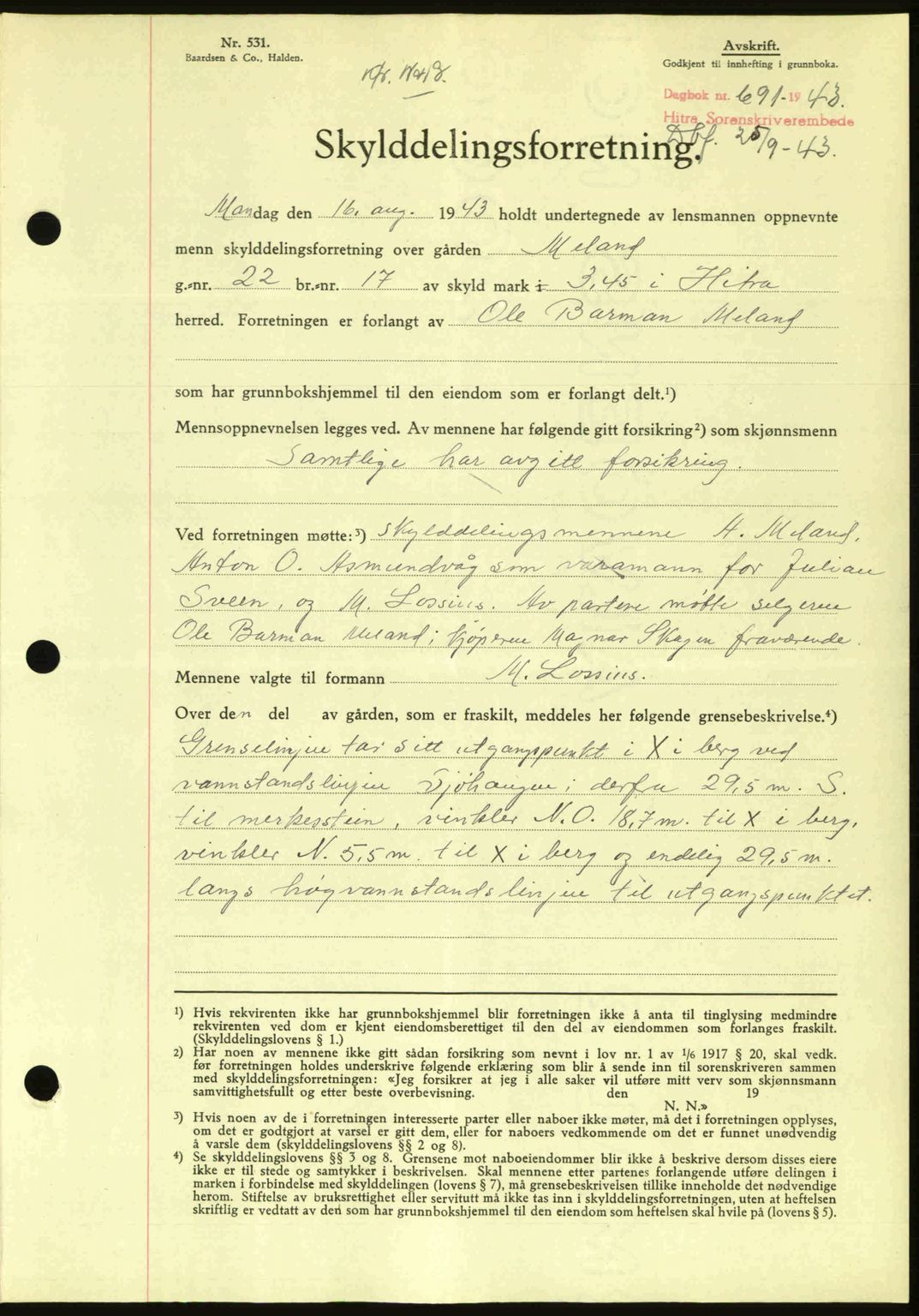 Hitra sorenskriveri, AV/SAT-A-0018/2/2C/2Ca: Mortgage book no. A2, 1943-1945, Diary no: : 691/1943