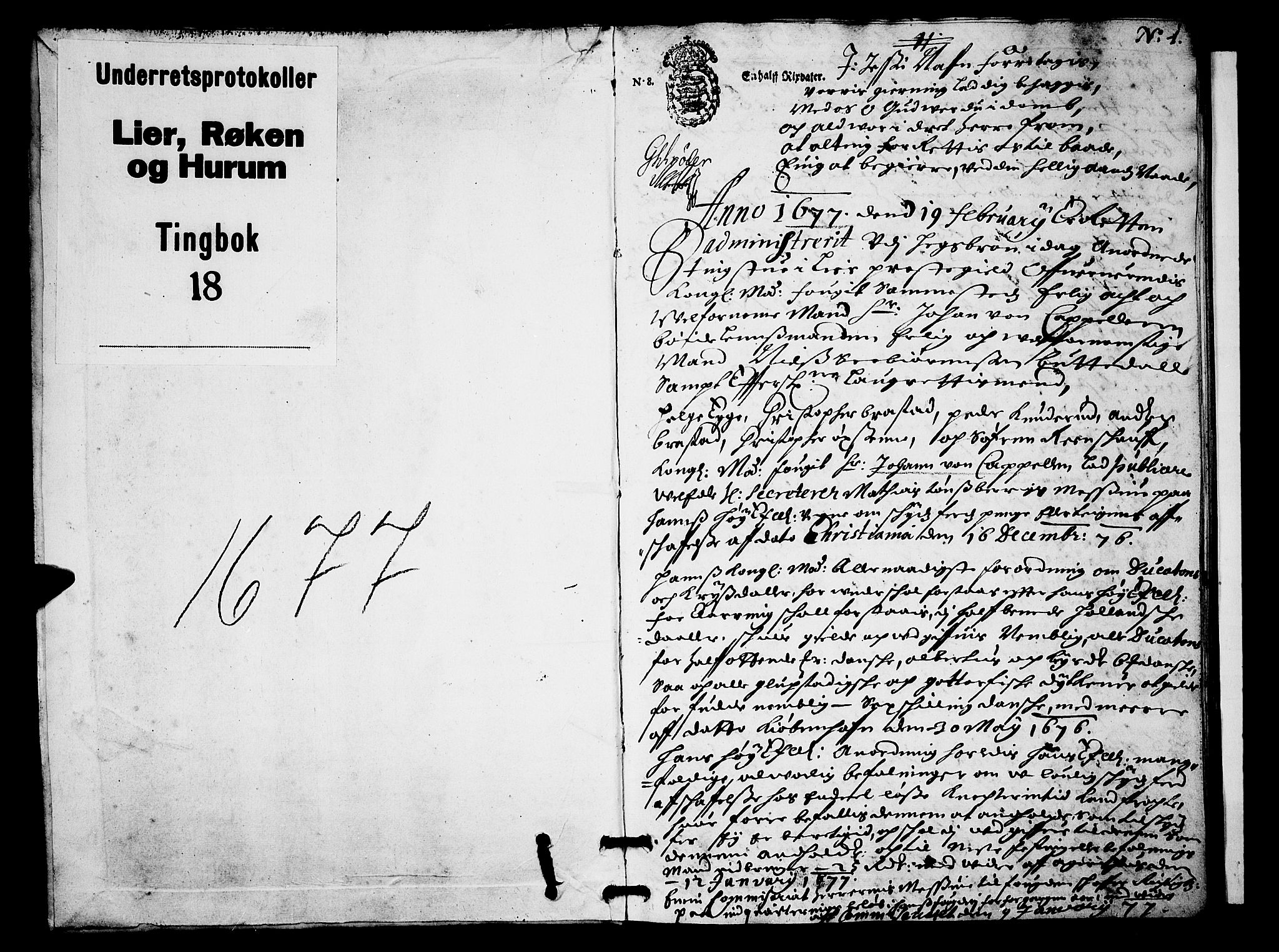 Lier, Røyken og Hurum sorenskriveri, AV/SAKO-A-89/F/Fa/L0018: Tingbok, 1677, p. 1