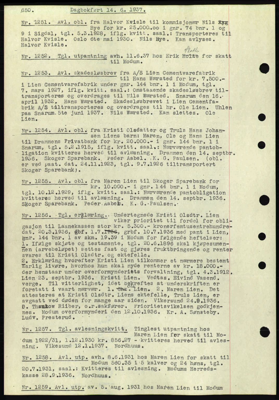 Eiker, Modum og Sigdal sorenskriveri, SAKO/A-123/G/Ga/Gab/L0035: Mortgage book no. A5, 1937-1937, Diary no: : 1251/1937