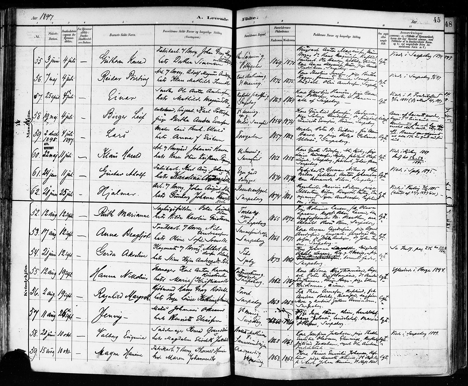 Sarpsborg prestekontor Kirkebøker, SAO/A-2006/F/Fa/L0004: Parish register (official) no. 4, 1892-1899, p. 45