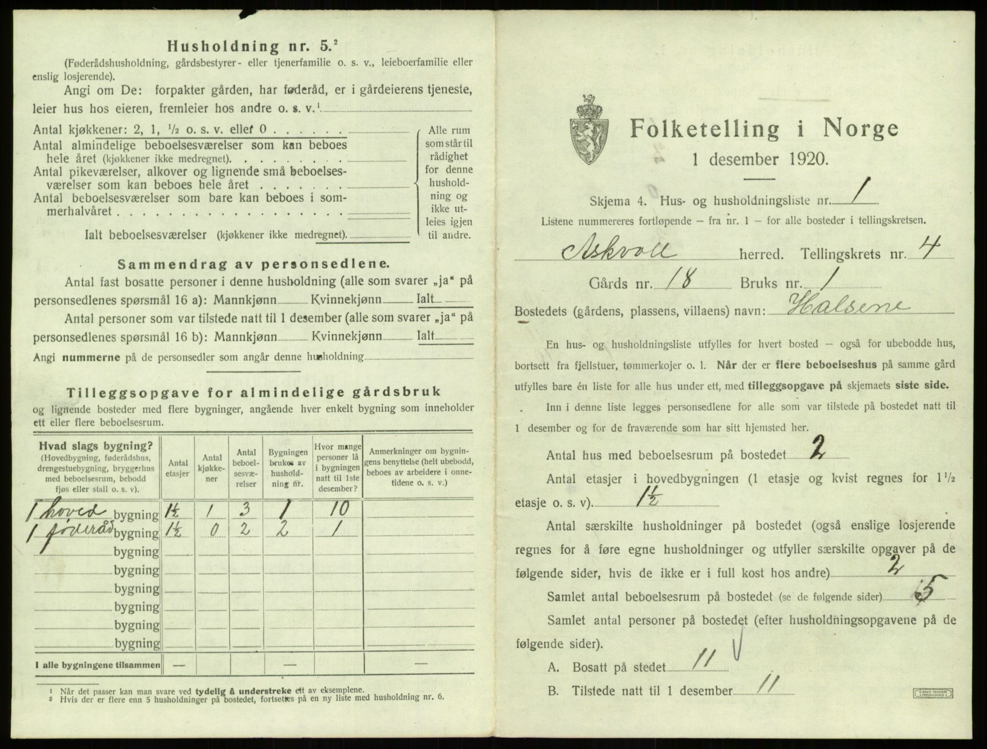 SAB, 1920 census for Askvoll, 1920, p. 240