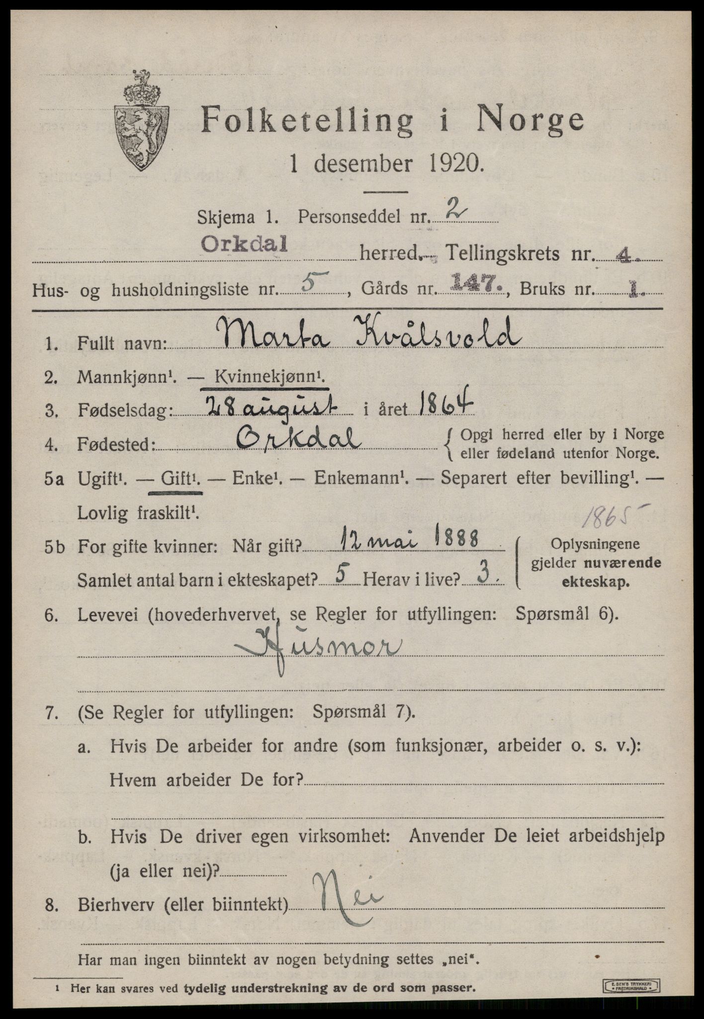 SAT, 1920 census for Orkdal, 1920, p. 3898