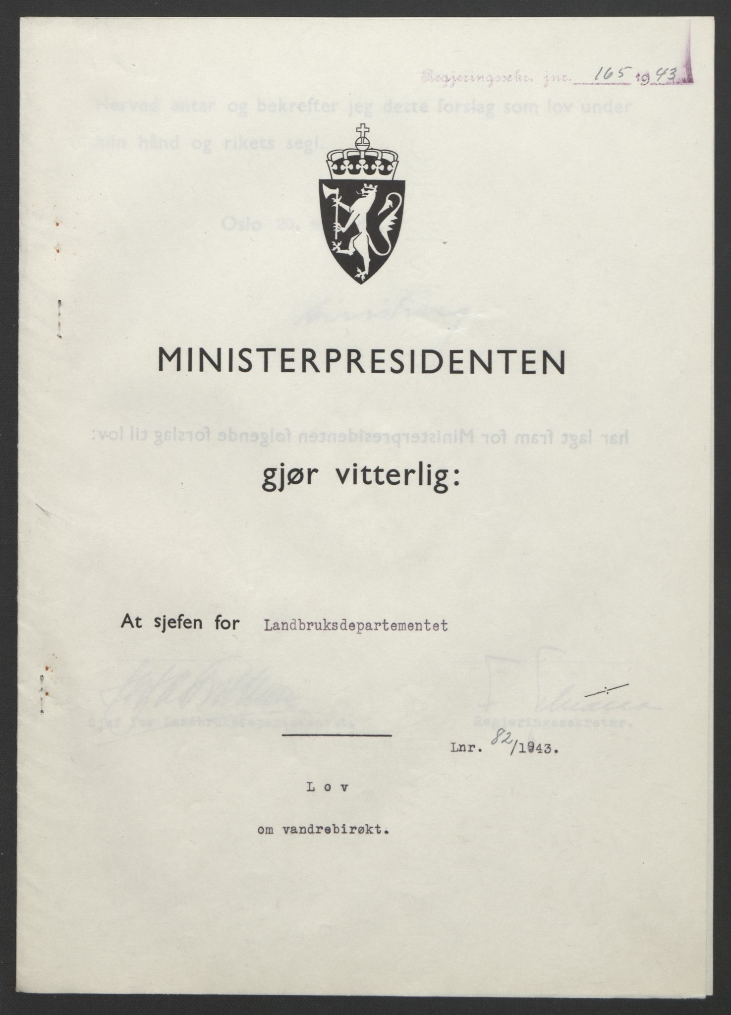 NS-administrasjonen 1940-1945 (Statsrådsekretariatet, de kommisariske statsråder mm), RA/S-4279/D/Db/L0099: Lover, 1943, p. 374