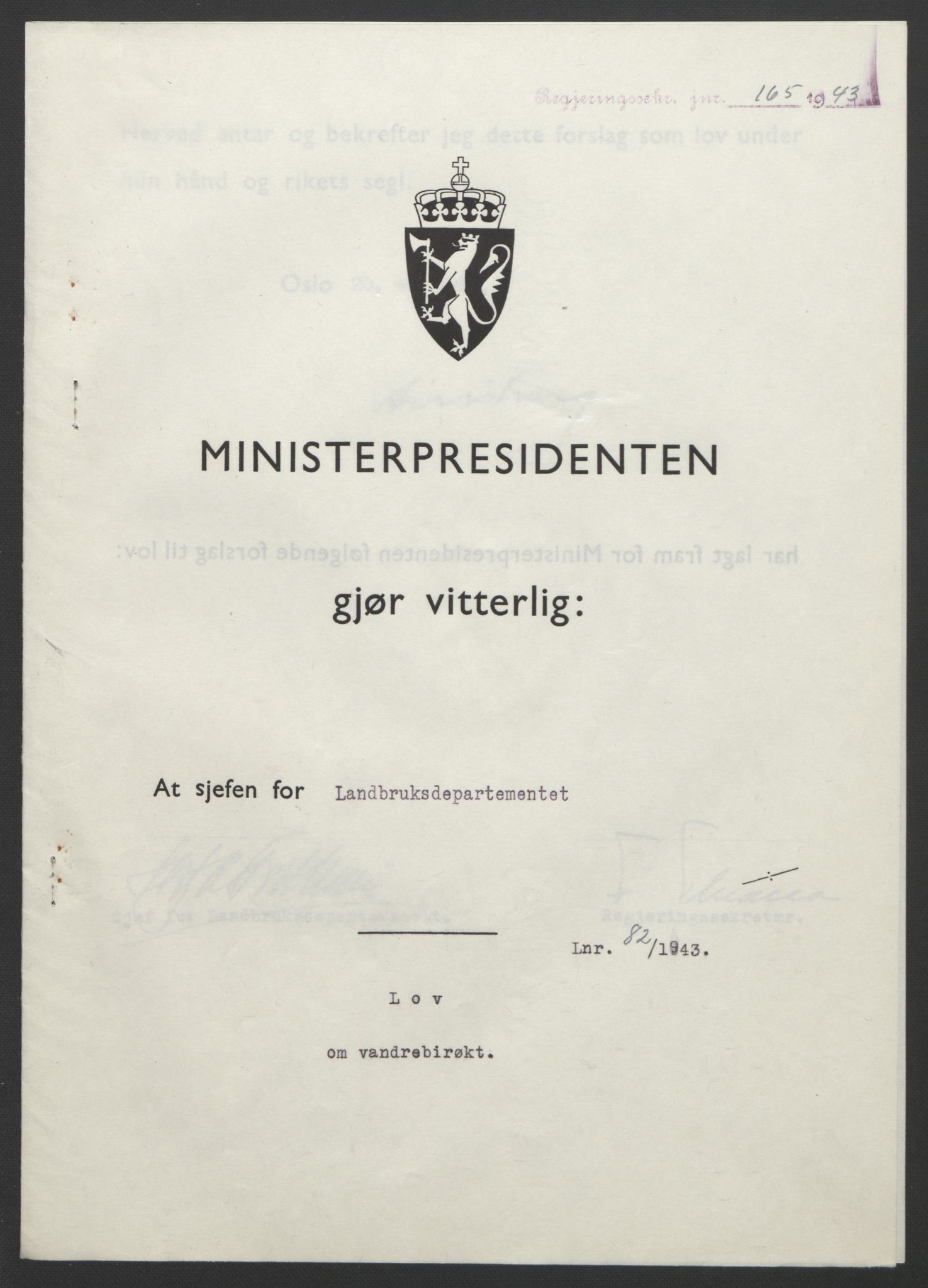 NS-administrasjonen 1940-1945 (Statsrådsekretariatet, de kommisariske statsråder mm), AV/RA-S-4279/D/Db/L0099: Lover, 1943, p. 374