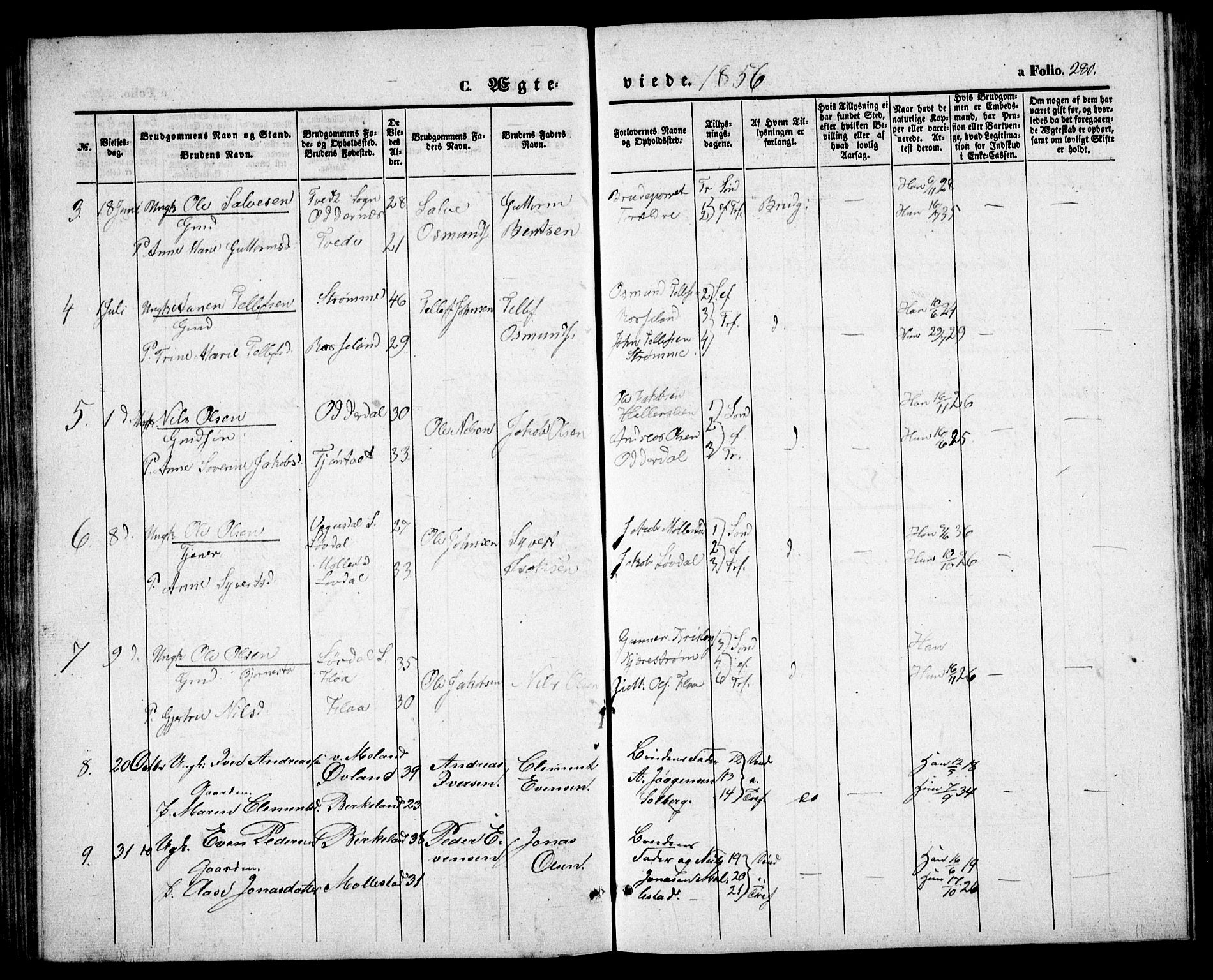Birkenes sokneprestkontor, SAK/1111-0004/F/Fb/L0002: Parish register (copy) no. B 2, 1849-1876, p. 280