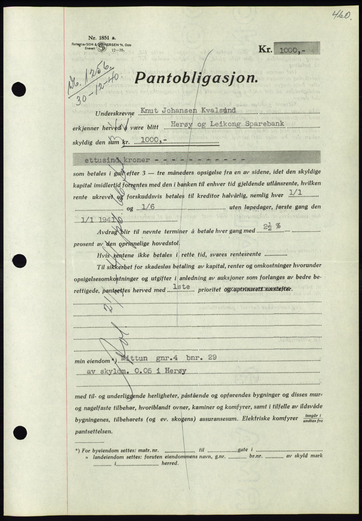 Søre Sunnmøre sorenskriveri, AV/SAT-A-4122/1/2/2C/L0070: Mortgage book no. 64, 1940-1941, Diary no: : 1256/1940