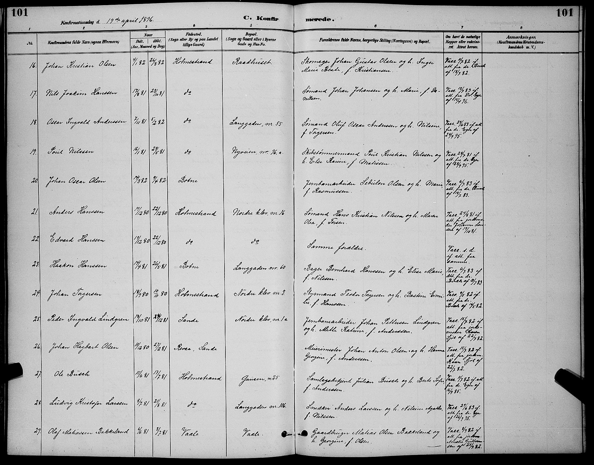 Holmestrand kirkebøker, AV/SAKO-A-346/G/Ga/L0005: Parish register (copy) no. 5, 1889-1901, p. 101