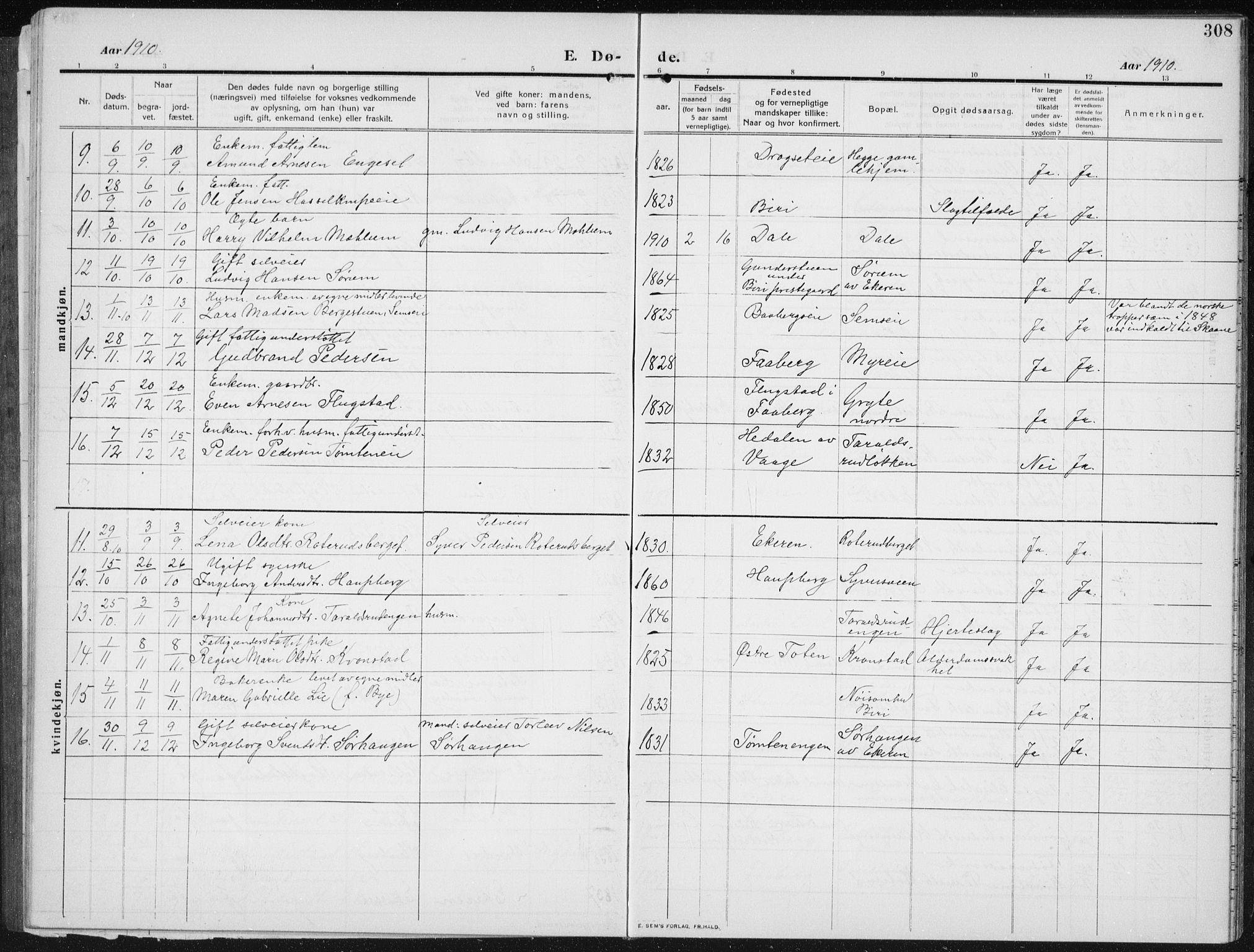 Biri prestekontor, SAH/PREST-096/H/Ha/Hab/L0006: Parish register (copy) no. 6, 1909-1938, p. 308