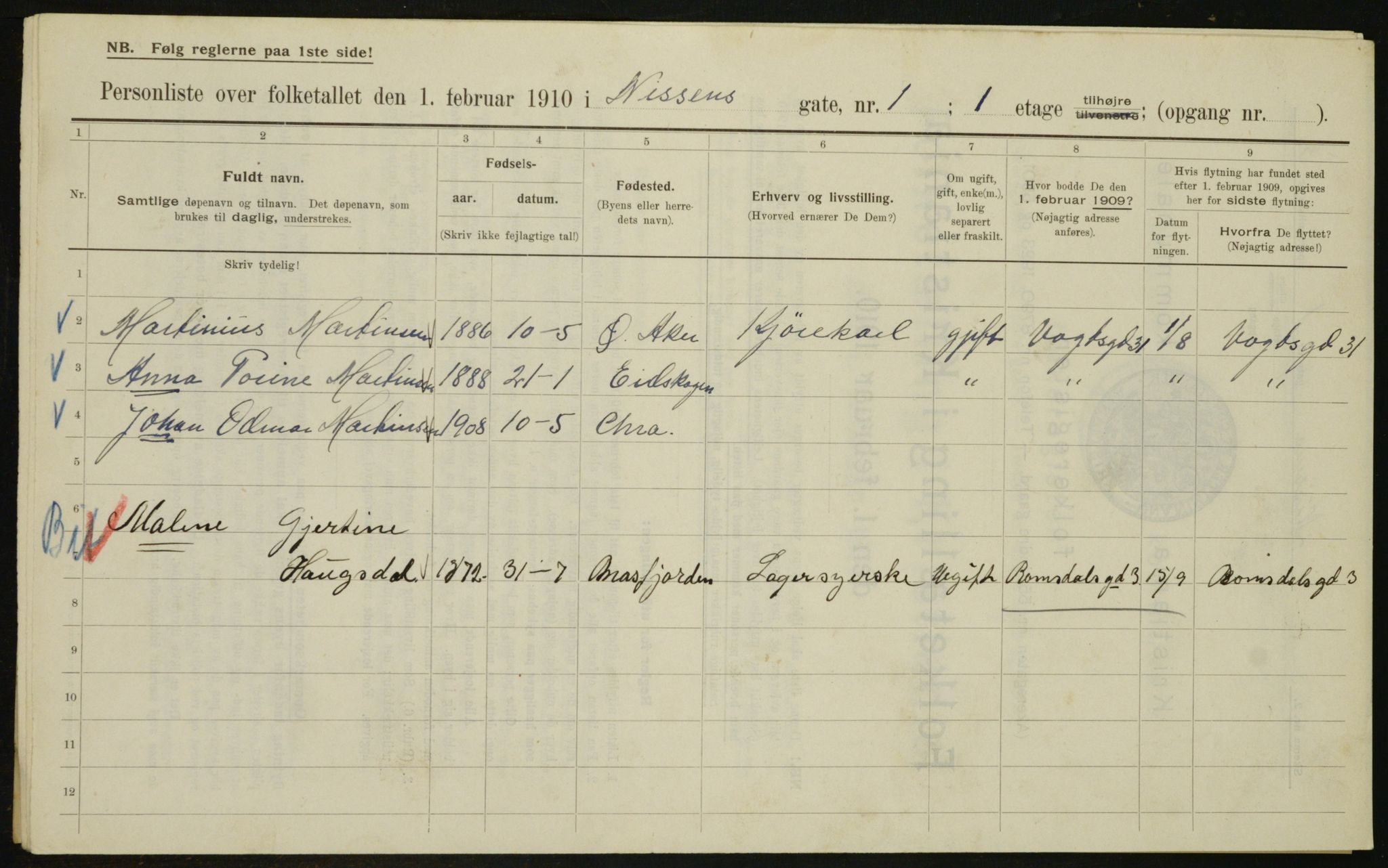 OBA, Municipal Census 1910 for Kristiania, 1910, p. 68696