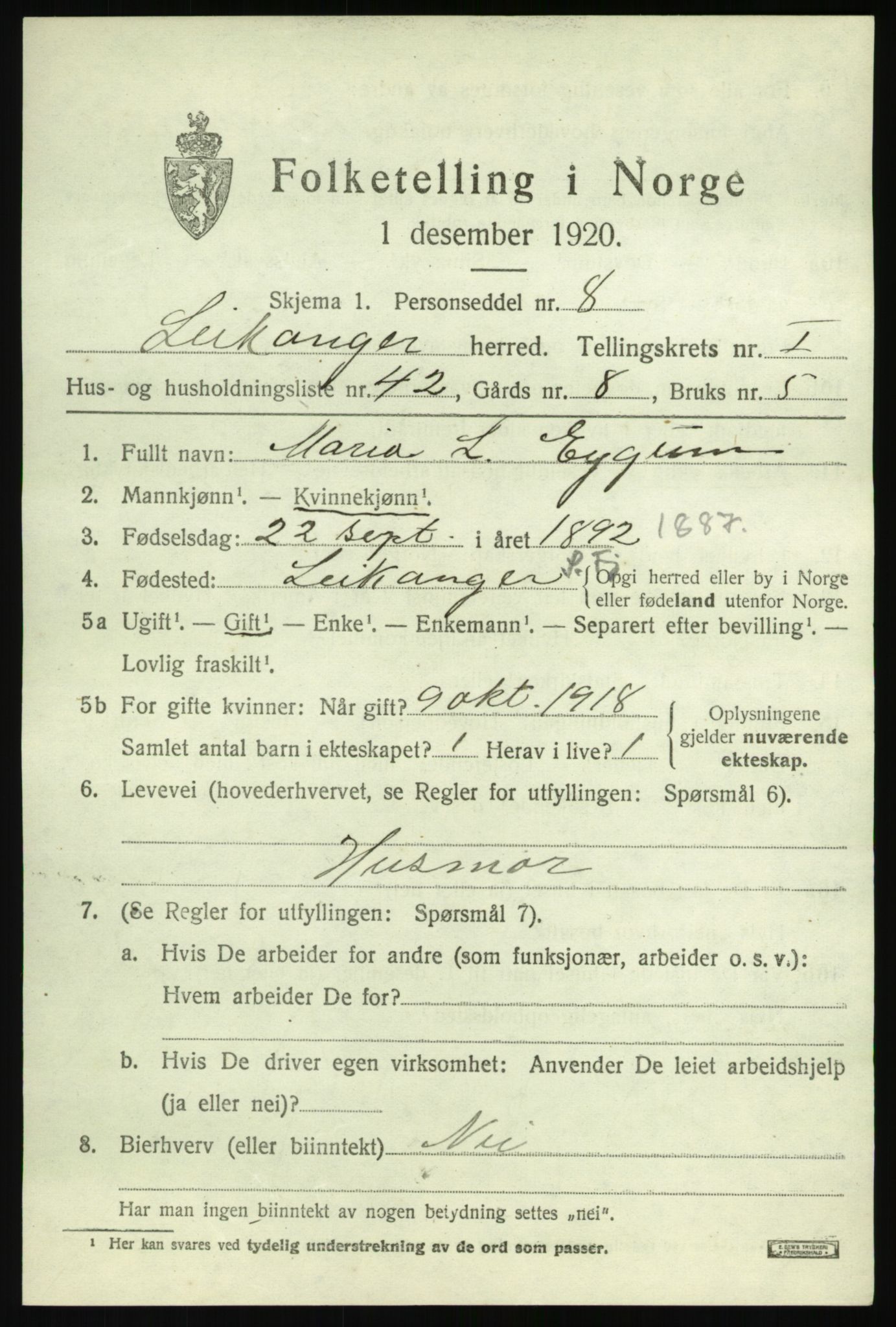 SAB, 1920 census for Leikanger, 1920, p. 1402