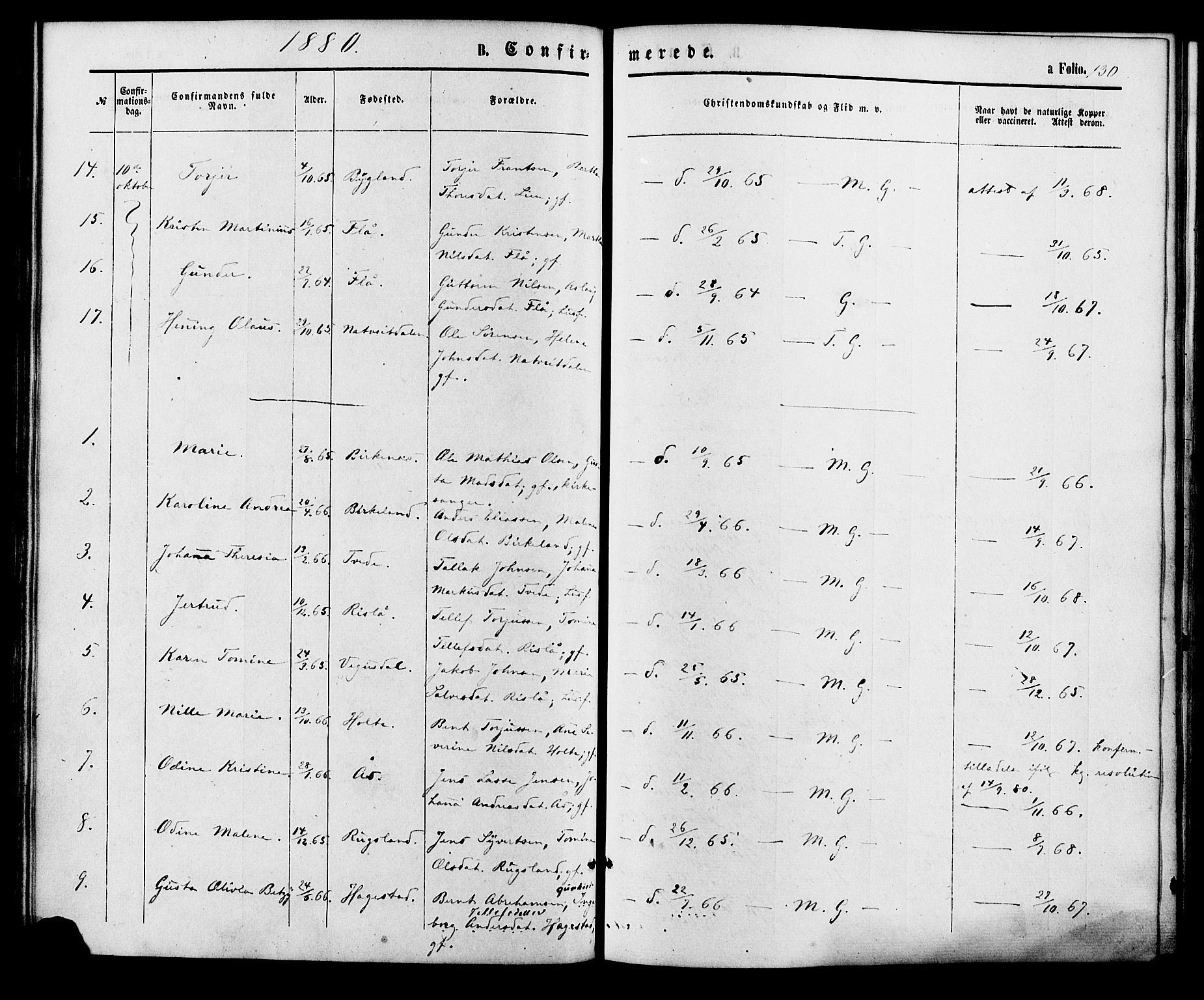 Birkenes sokneprestkontor, AV/SAK-1111-0004/F/Fa/L0004: Parish register (official) no. A 4, 1867-1886, p. 130