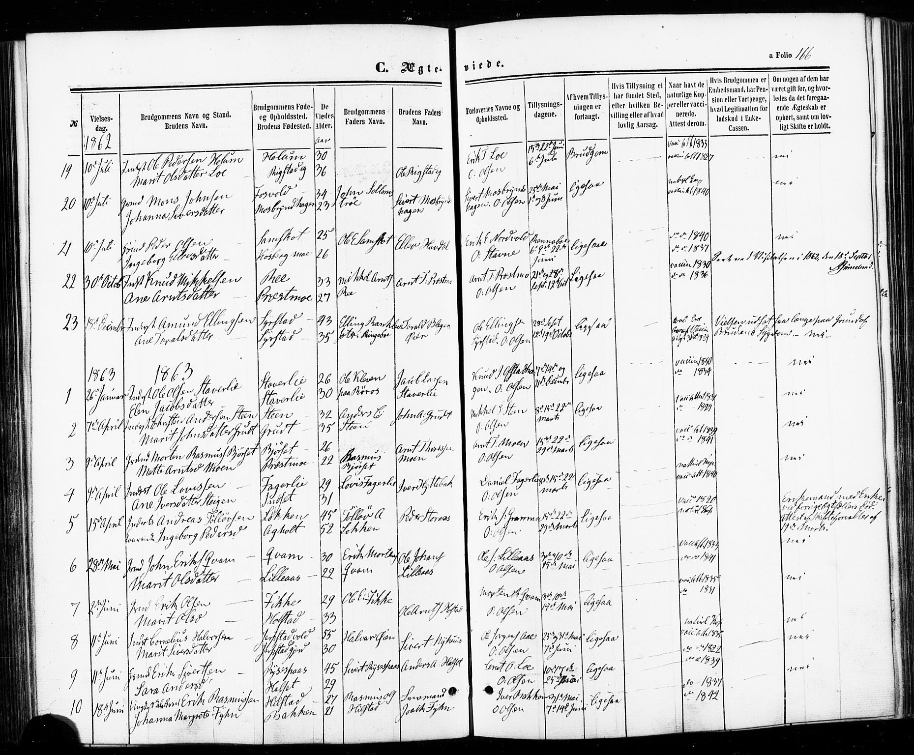 Ministerialprotokoller, klokkerbøker og fødselsregistre - Sør-Trøndelag, SAT/A-1456/672/L0856: Parish register (official) no. 672A08, 1861-1881, p. 166