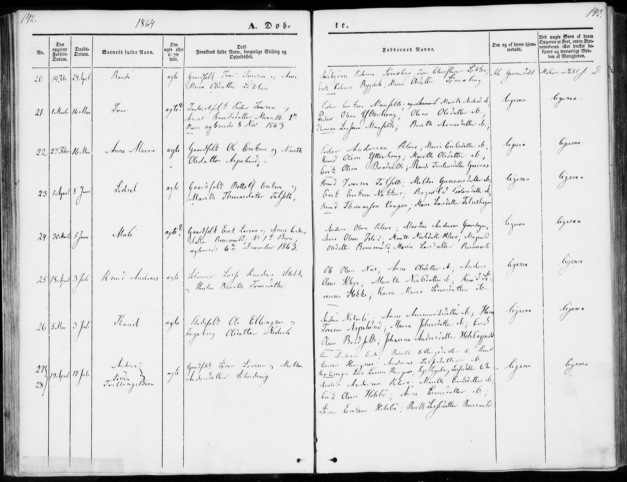 Ministerialprotokoller, klokkerbøker og fødselsregistre - Møre og Romsdal, AV/SAT-A-1454/557/L0680: Parish register (official) no. 557A02, 1843-1869, p. 142-143