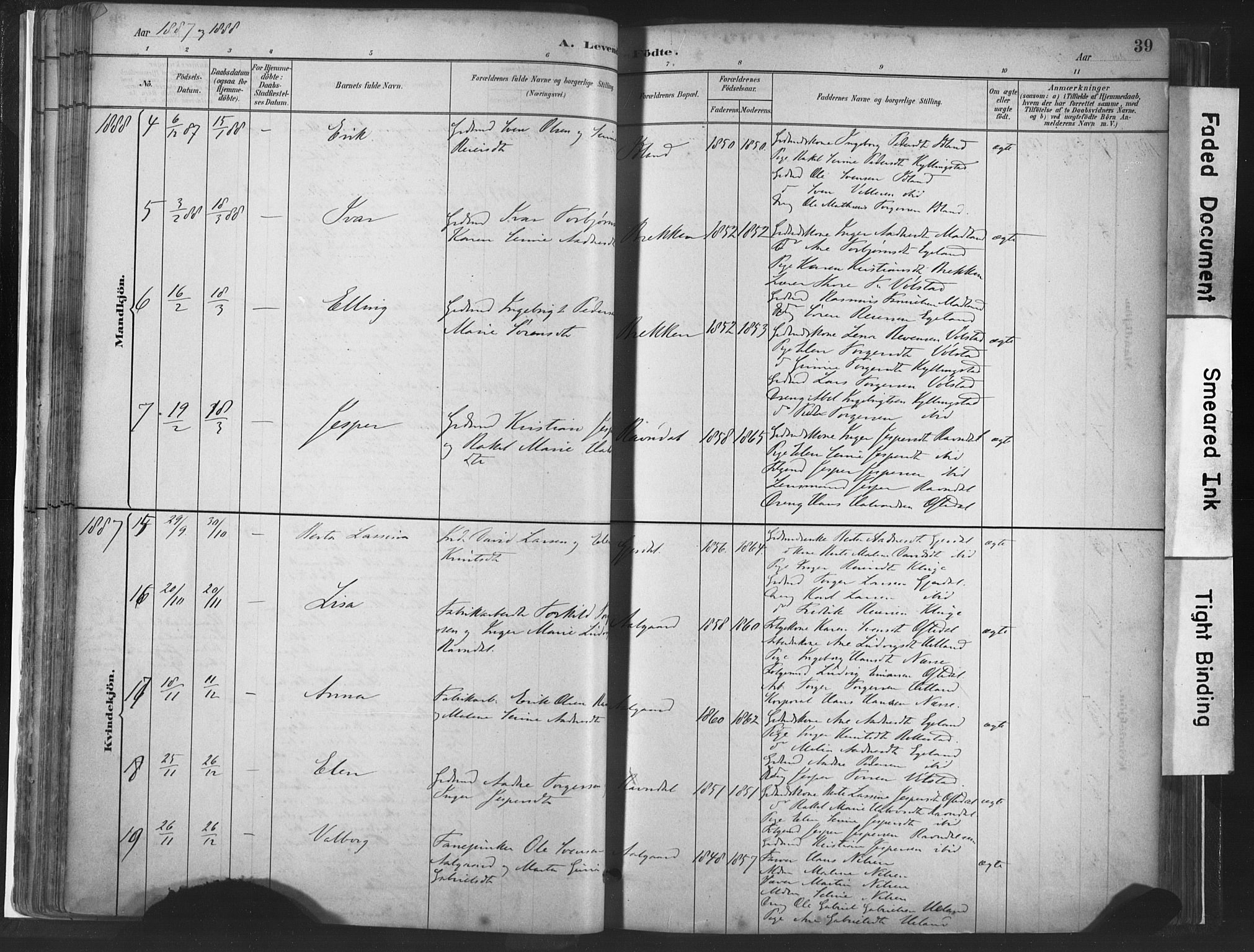 Lye sokneprestkontor, AV/SAST-A-101794/001/30BA/L0010: Parish register (official) no. A 10, 1881-1896, p. 39