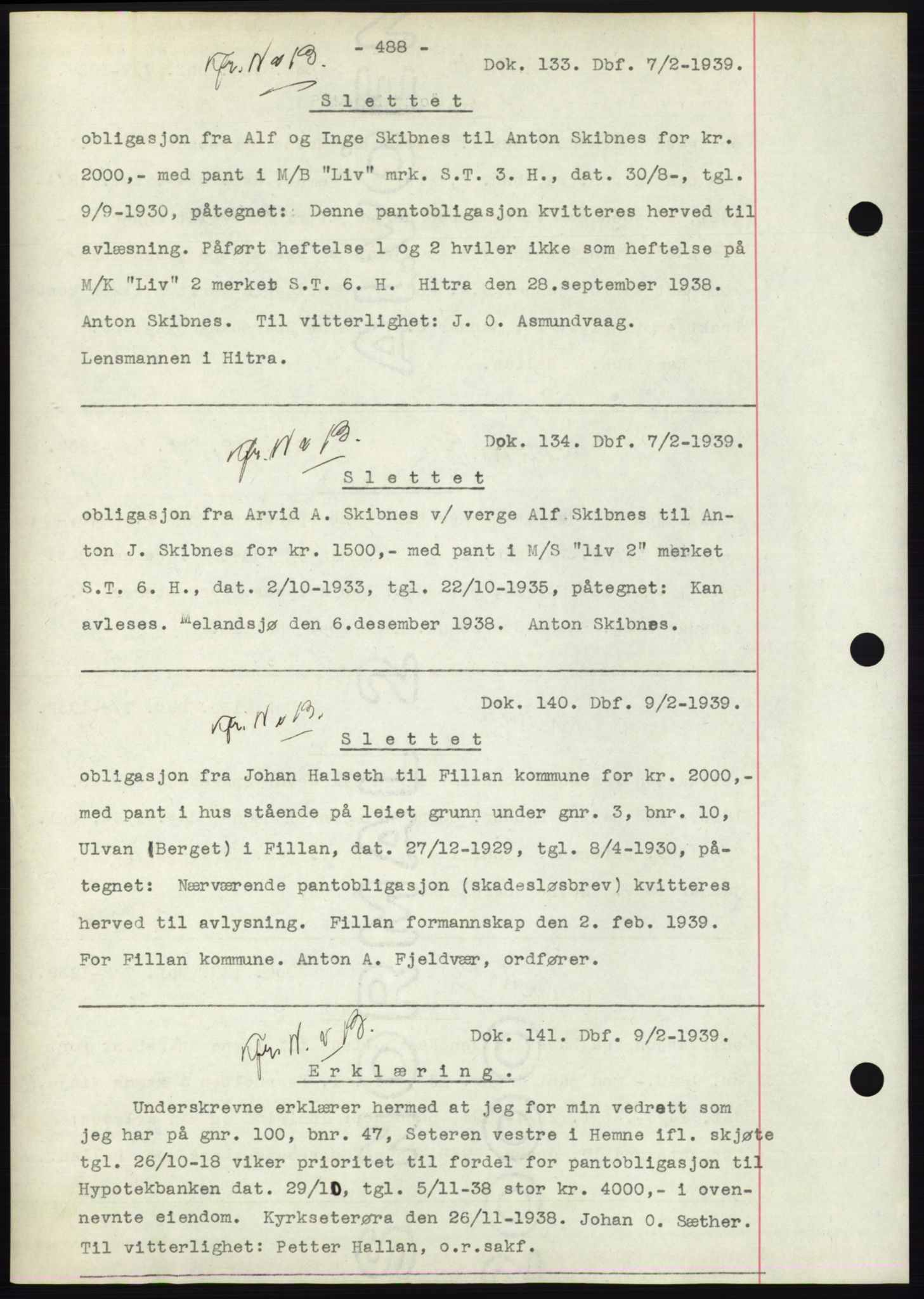 Hitra sorenskriveri, AV/SAT-A-0018/2/2C/2Ca: Mortgage book no. C1, 1936-1945, Diary no: : 133/1939