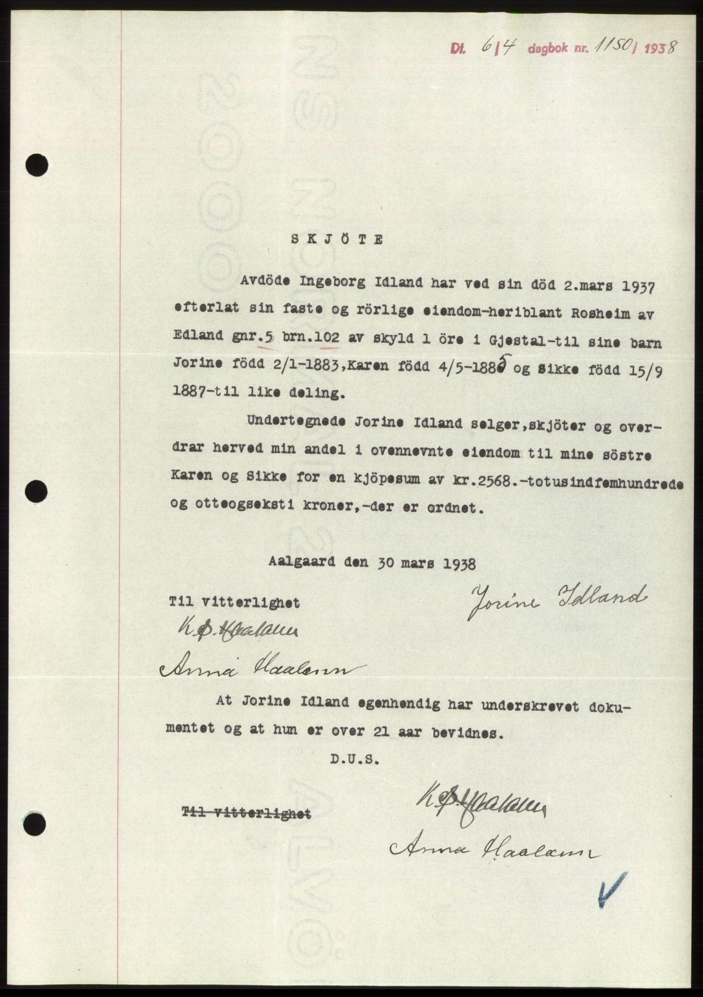 Jæren sorenskriveri, SAST/A-100310/03/G/Gba/L0070: Mortgage book, 1938-1938, Diary no: : 1150/1938