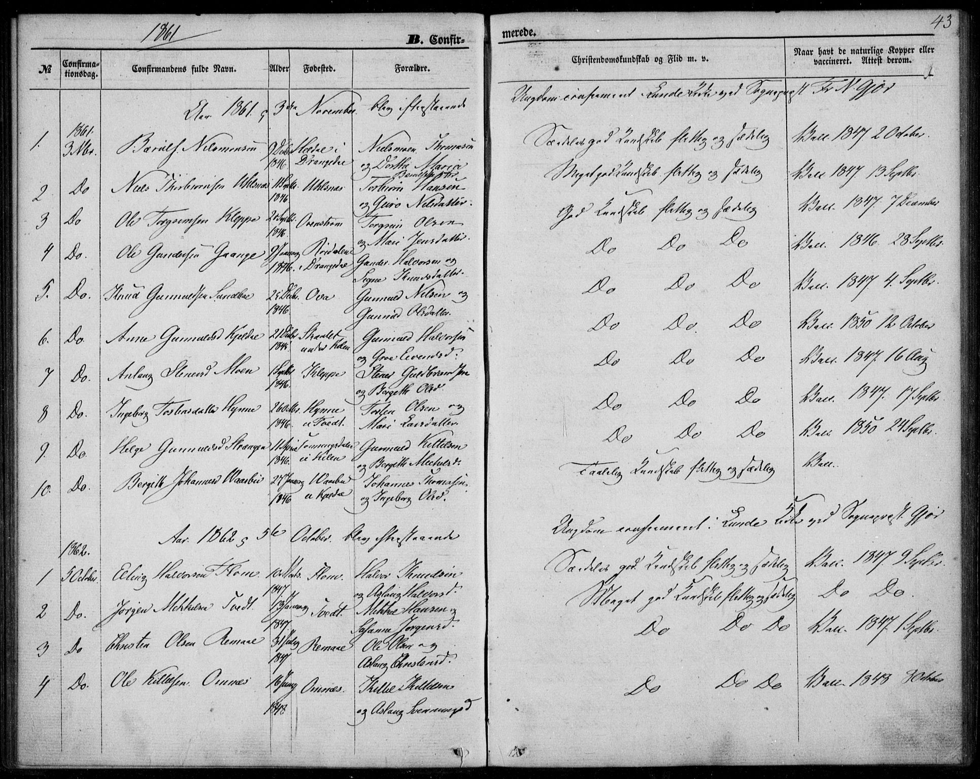 Lunde kirkebøker, SAKO/A-282/F/Fb/L0002: Parish register (official) no. II 2, 1861-1881, p. 43