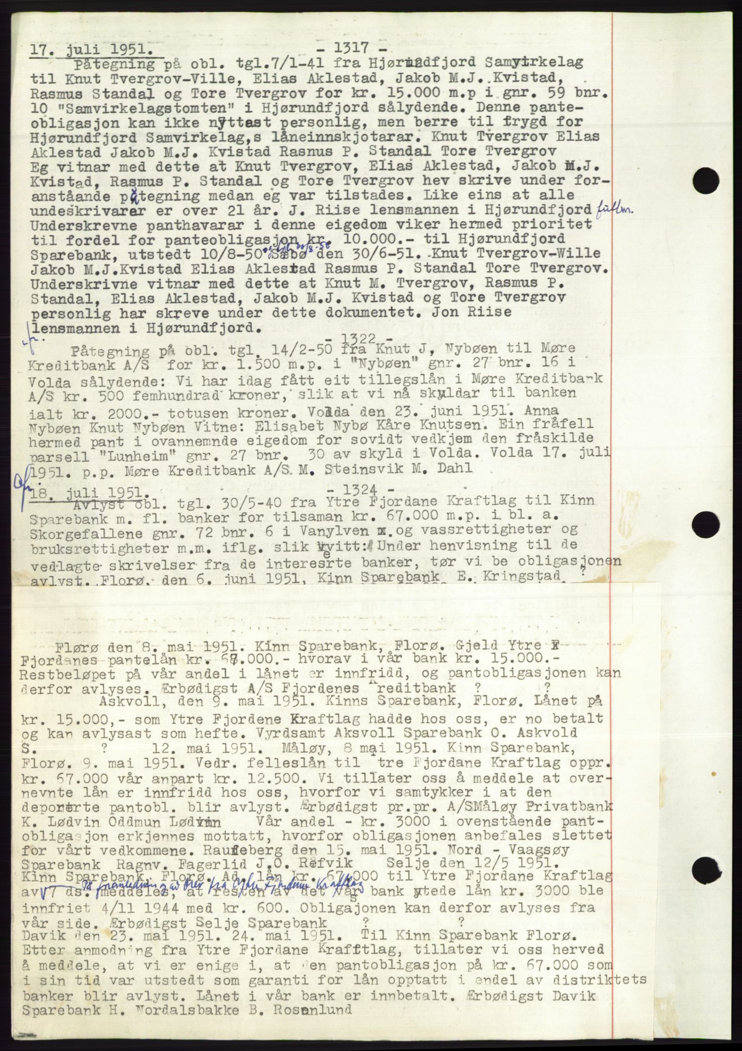 Søre Sunnmøre sorenskriveri, AV/SAT-A-4122/1/2/2C/L0072: Mortgage book no. 66, 1941-1955, Diary no: : 1317/1951